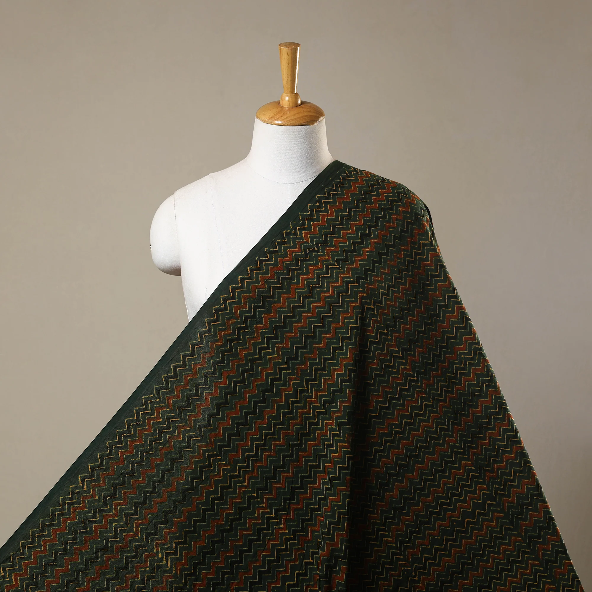 Green - Natural Dyed 3 Kaam Block Print Cotton Ajrakh Fabric 10