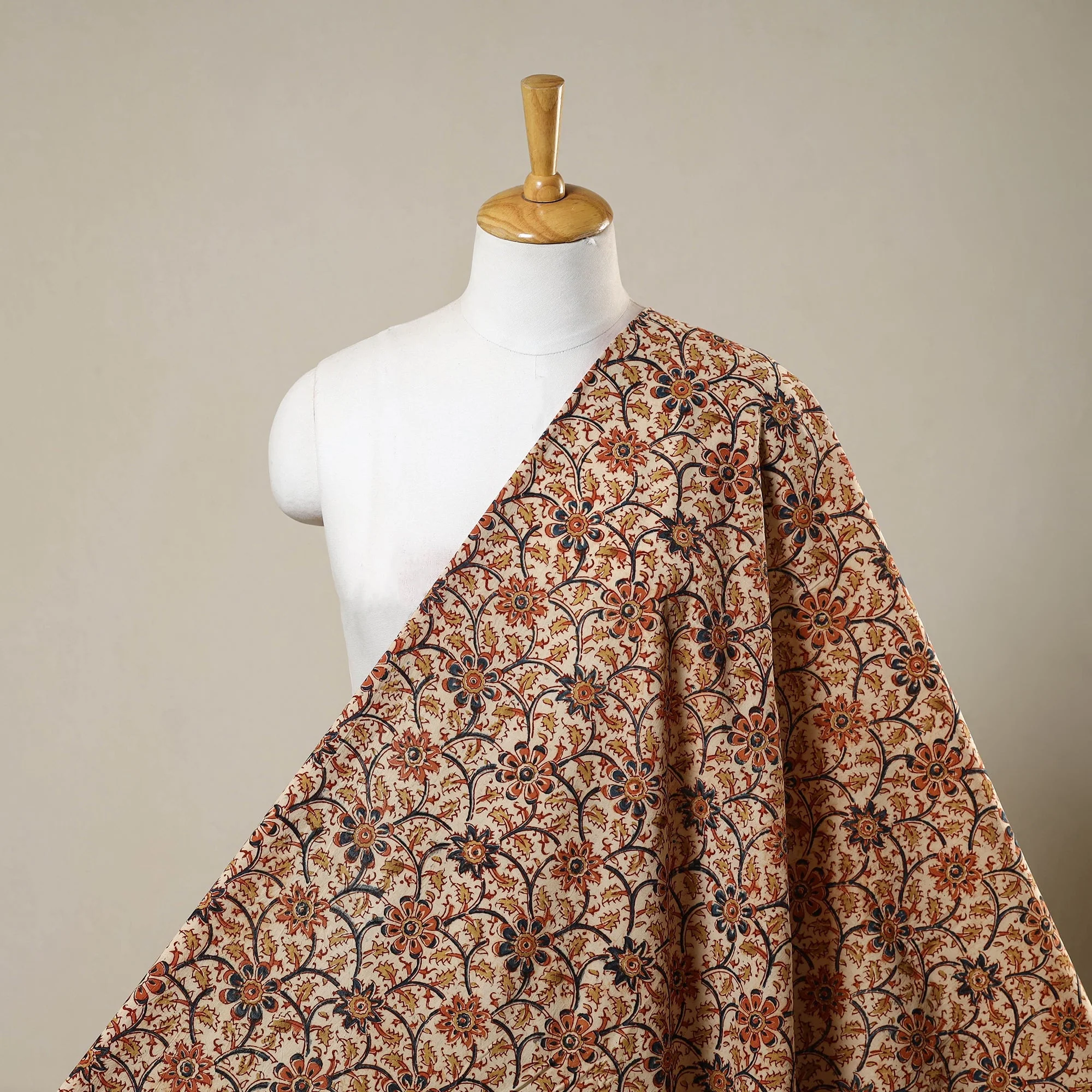 Beige - Natural Dyed Block Print Cotton Pedana Kalamkari Fabric 14