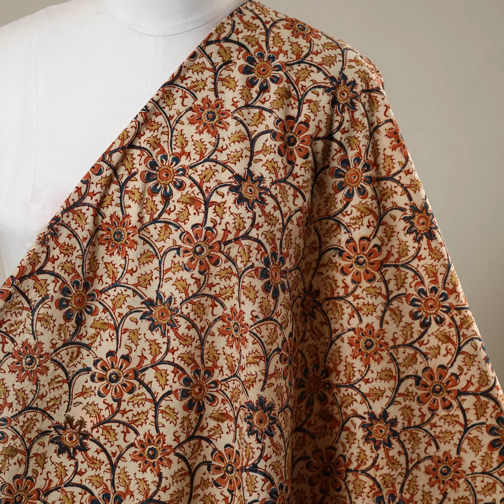 Beige - Natural Dyed Block Print Cotton Pedana Kalamkari Fabric 14 - Image 2