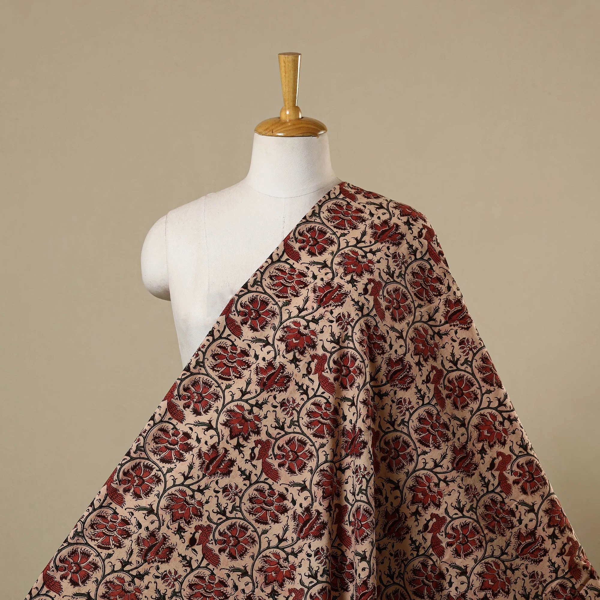 Beige - Natural Dyed Block Print Cotton Pedana Kalamkari Fabric 18