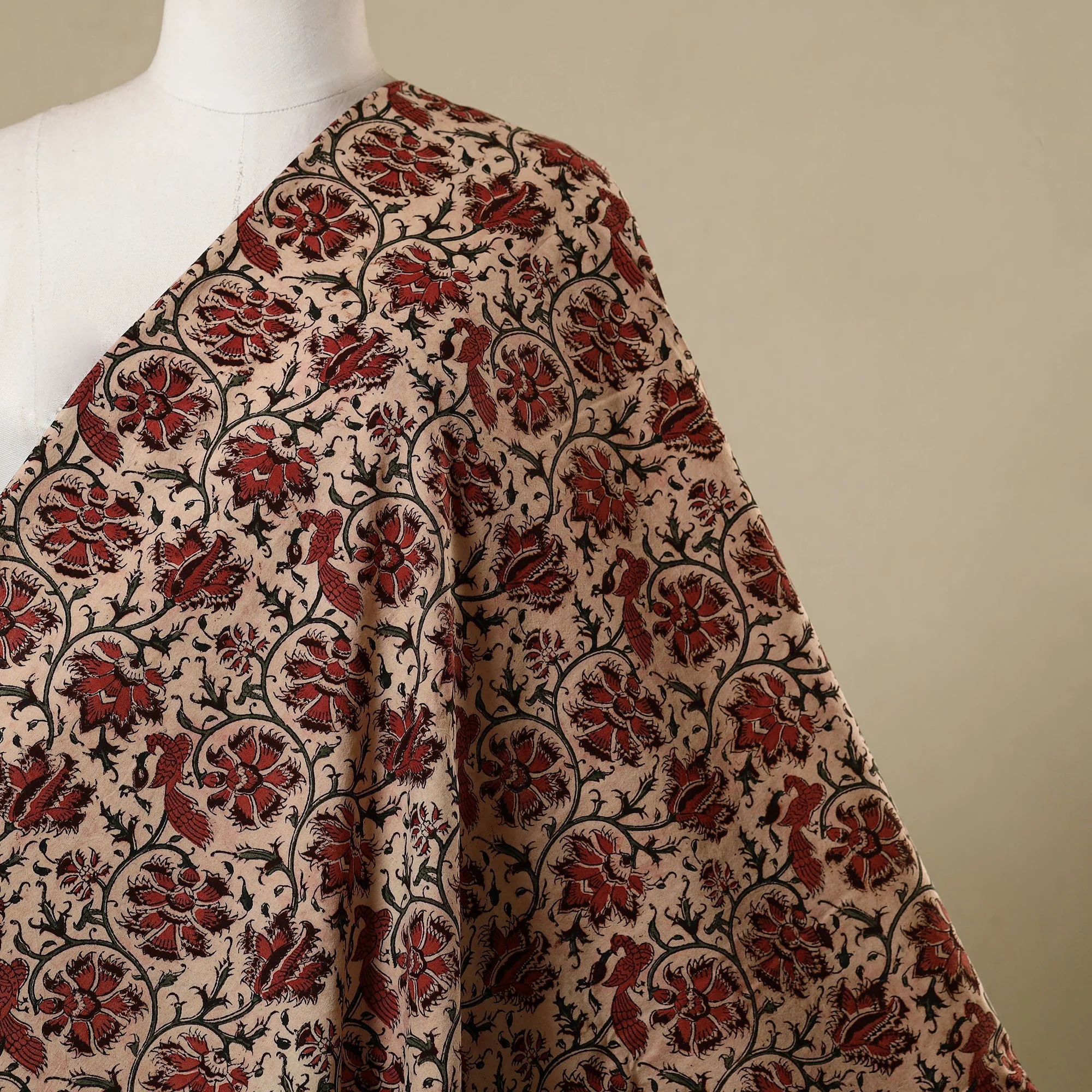 Beige - Natural Dyed Block Print Cotton Pedana Kalamkari Fabric 18 - Image 2