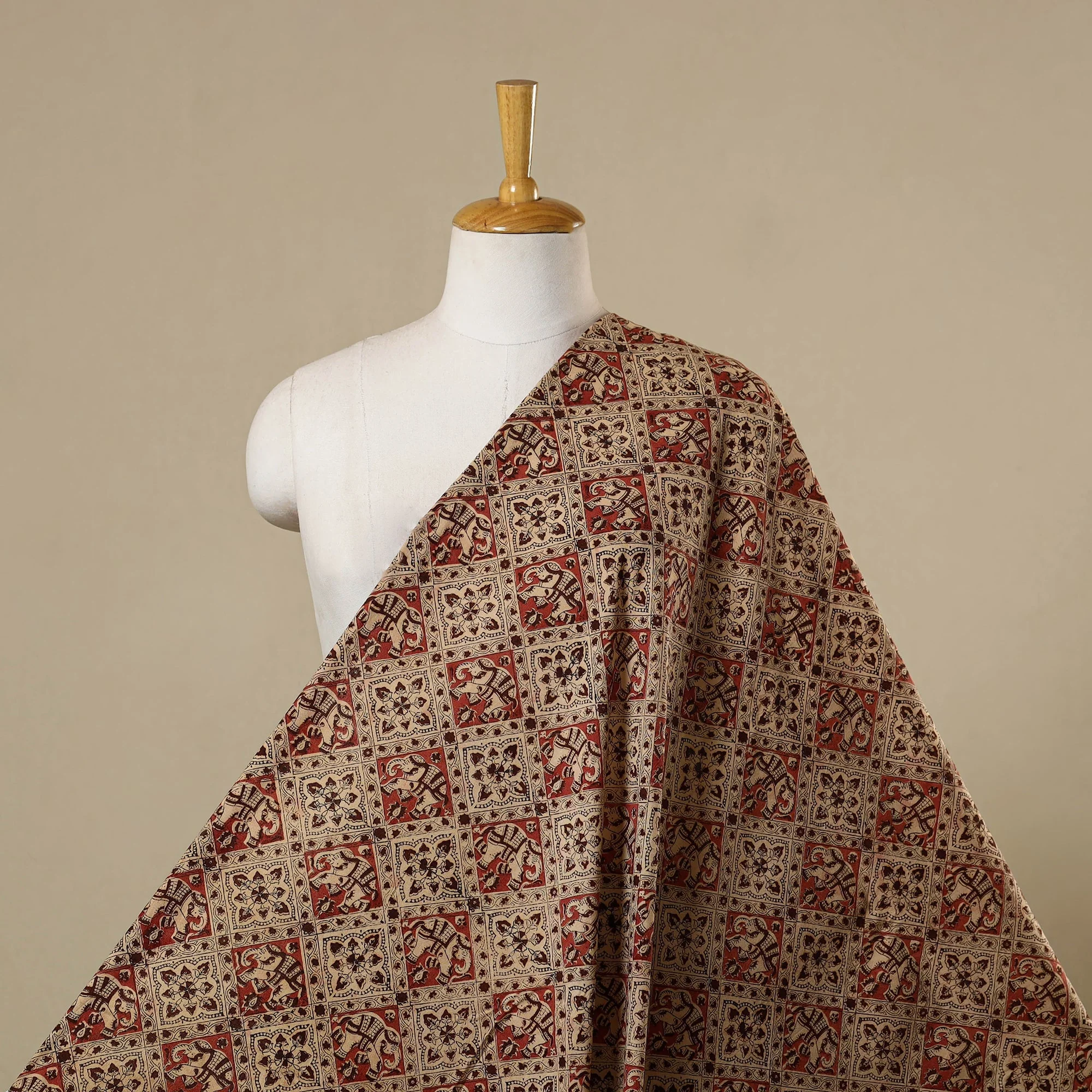 Beige - Natural Dyed Block Print Cotton Pedana Kalamkari Fabric 19
