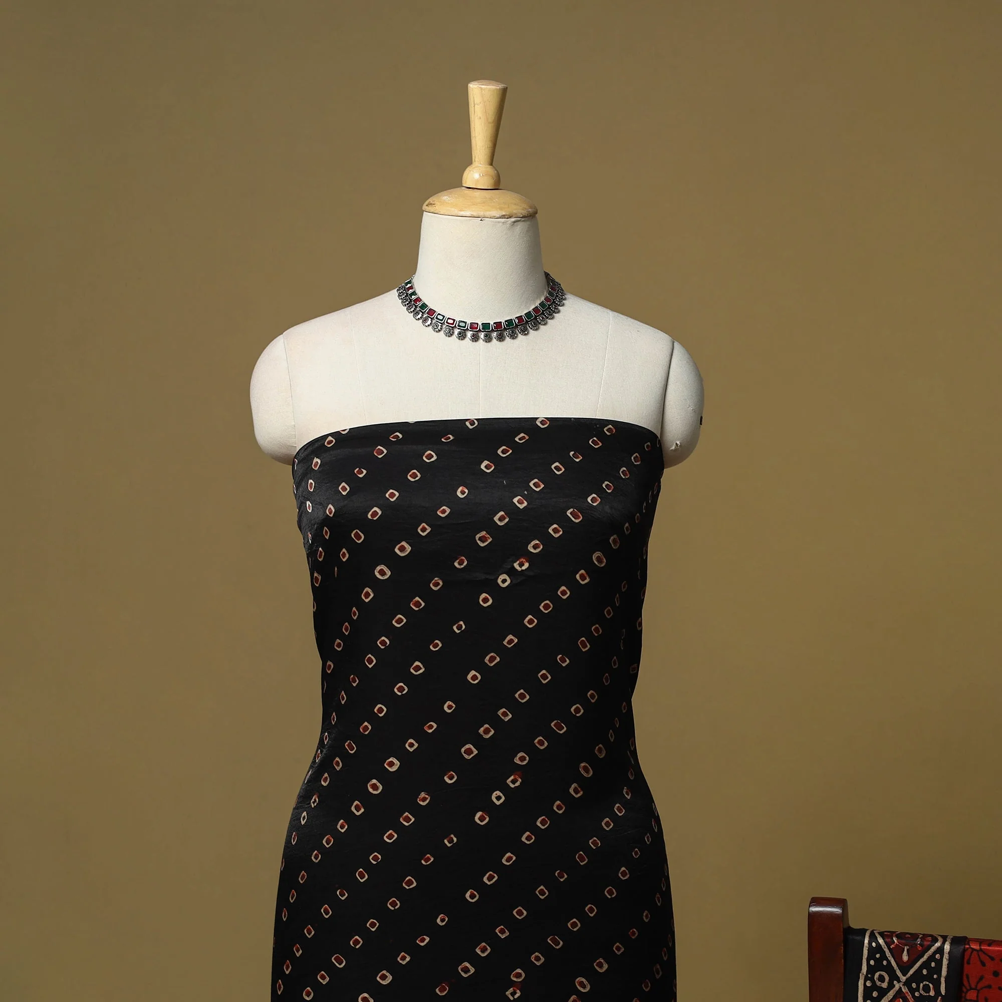 Black - Natural Dyed Block Print Modal Silk Ajrakh 2pc Unstitched Dress Material 04 - Image 3