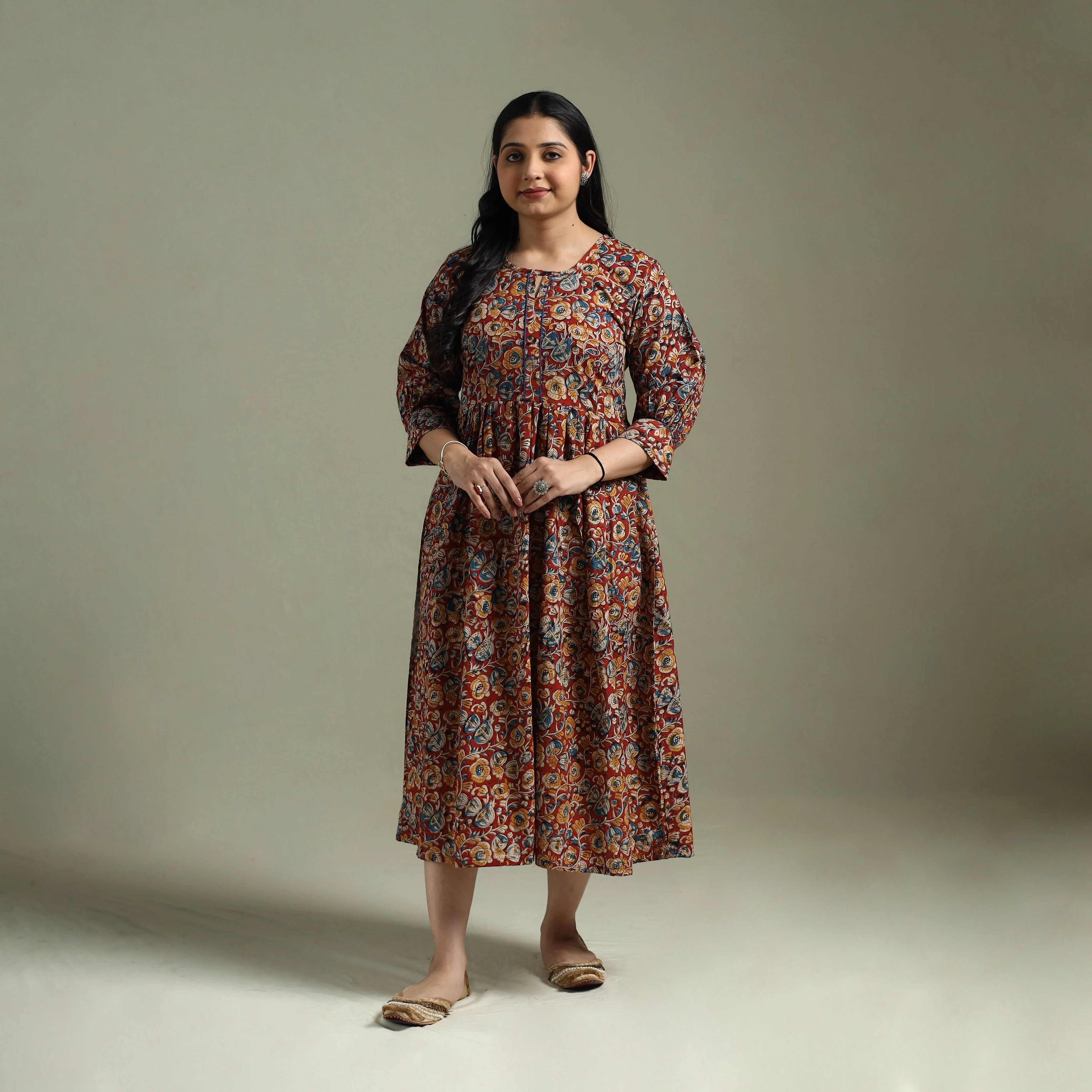 Red - Natural Dyed Cotton Hand Block Print Flared Kalamkari Dress 14