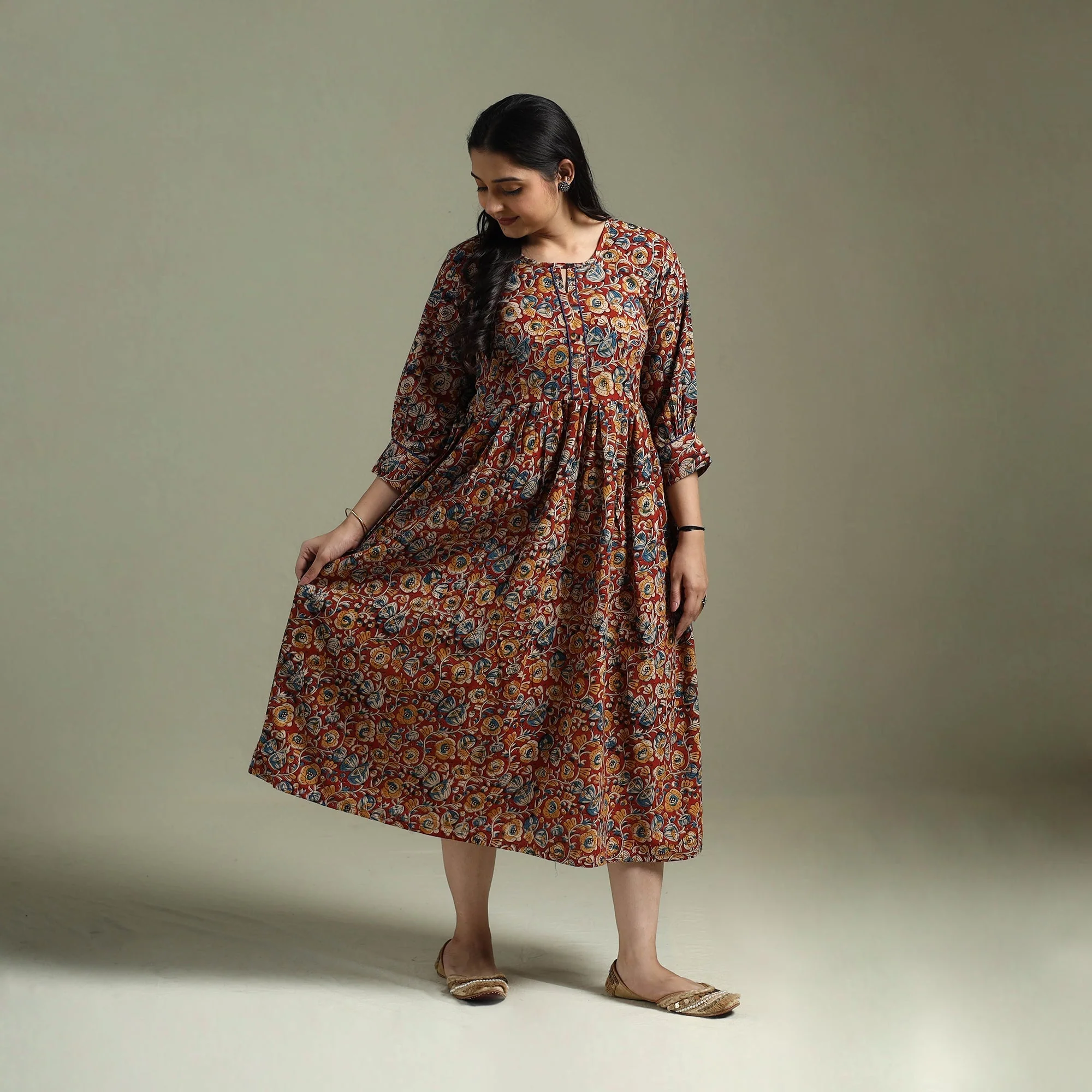 Red - Natural Dyed Cotton Hand Block Print Flared Kalamkari Dress 14 - Image 2