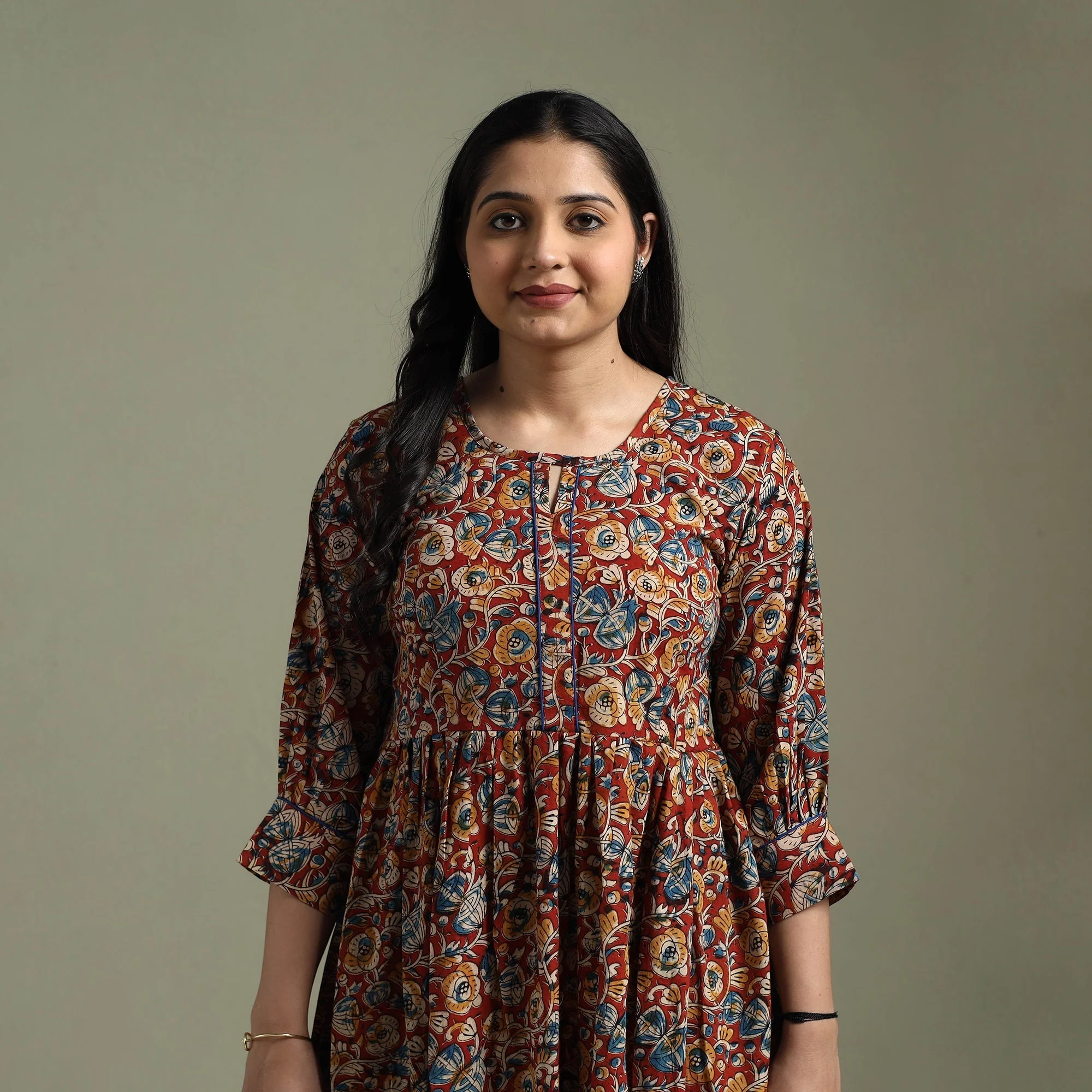 Red - Natural Dyed Cotton Hand Block Print Flared Kalamkari Dress 14 - Image 3