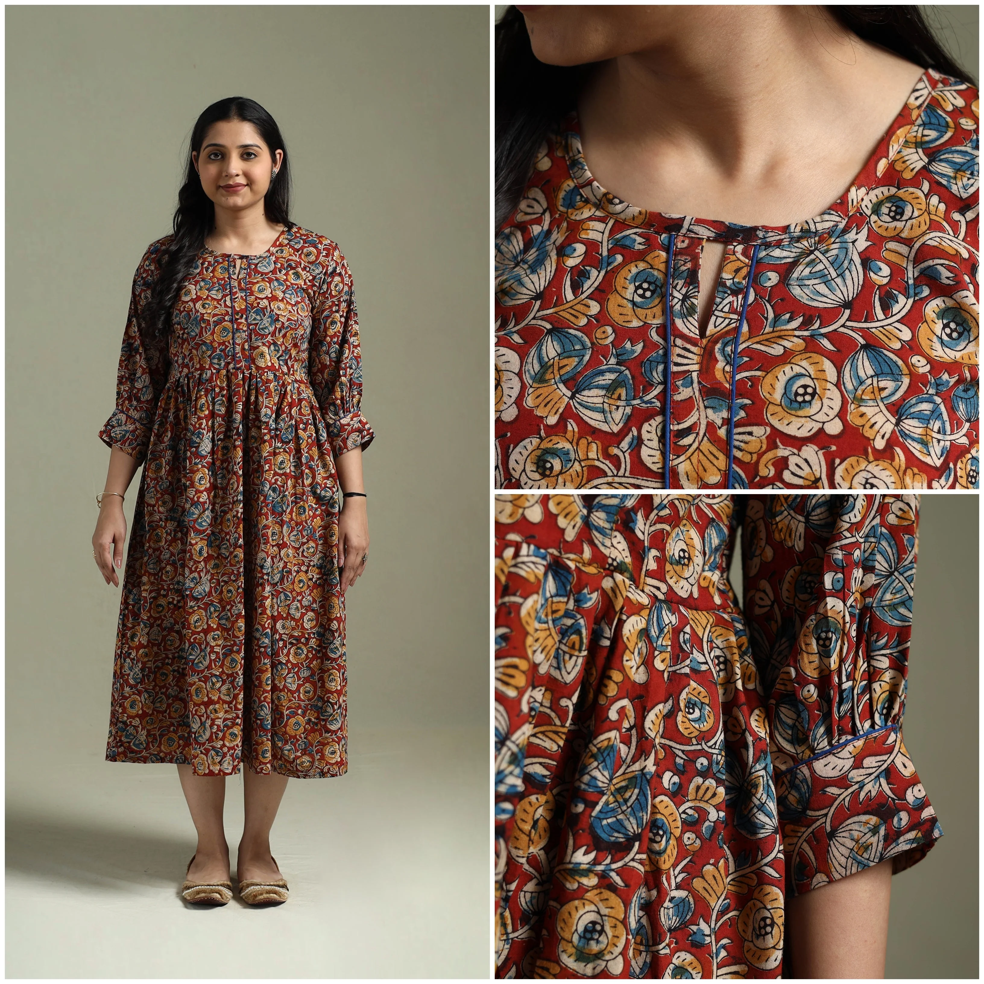 Red - Natural Dyed Cotton Hand Block Print Flared Kalamkari Dress 14 - Image 4