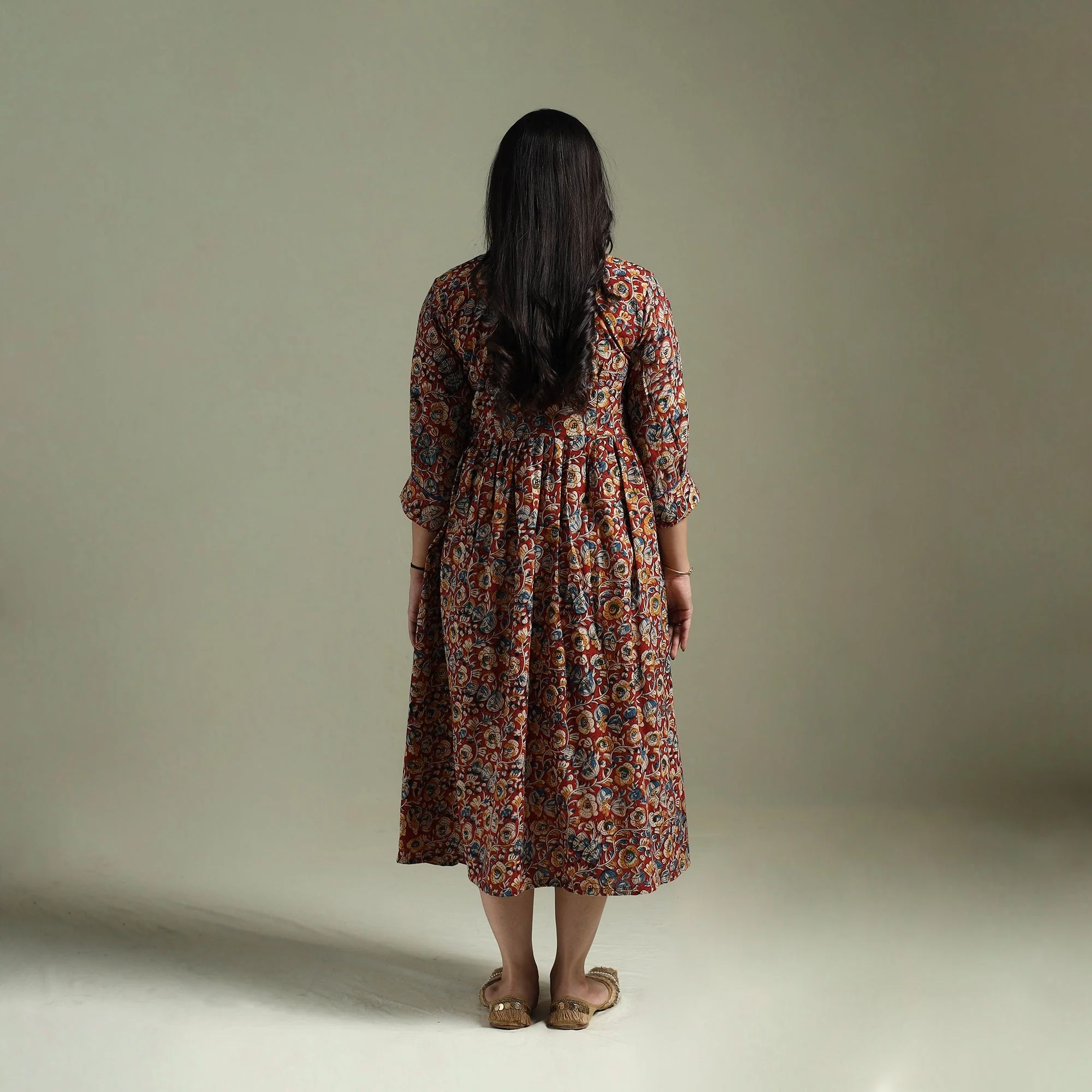 Red - Natural Dyed Cotton Hand Block Print Flared Kalamkari Dress 14 - Image 5