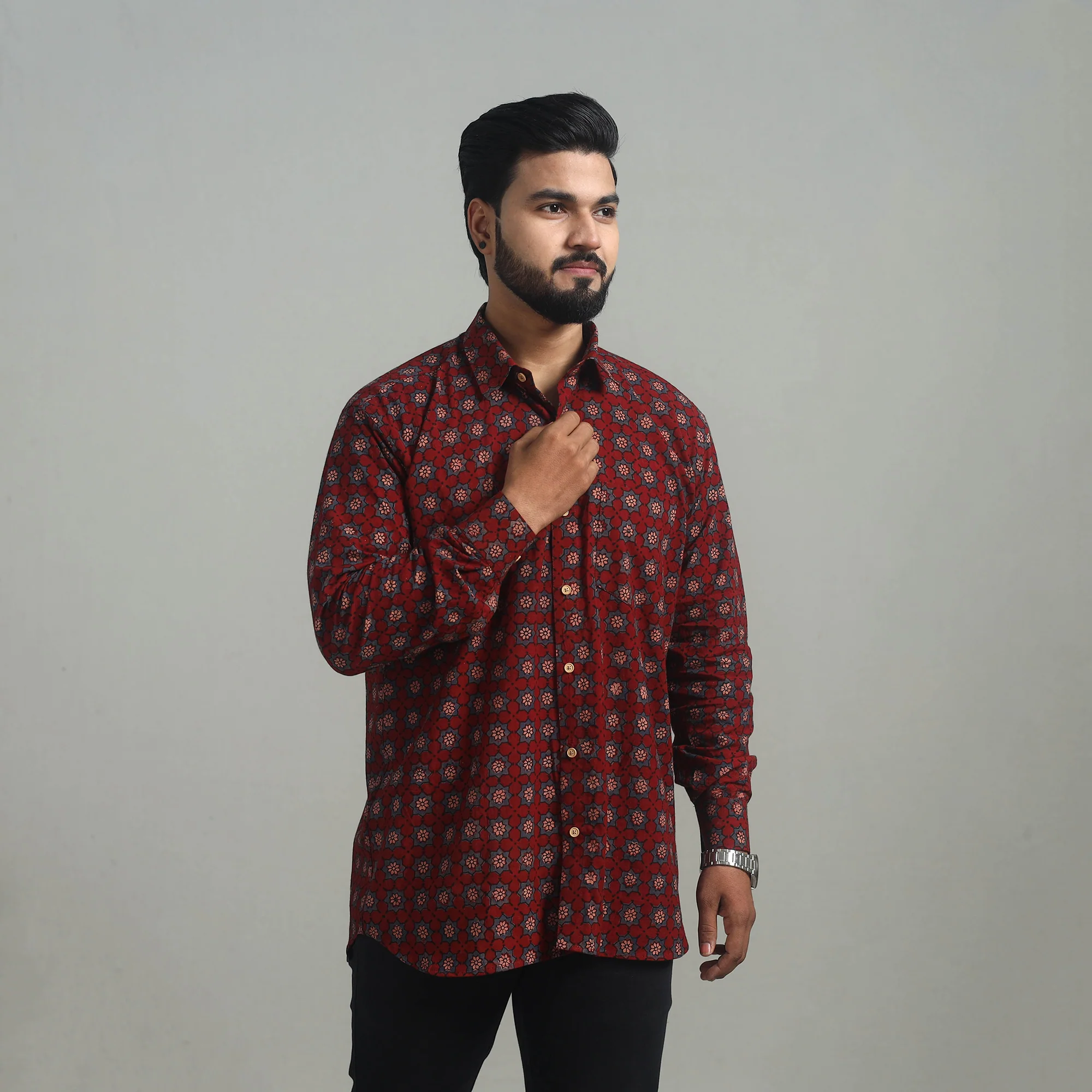 Maroon - Natural Dyed Cotton Men Ajrakh Print Shirt 08 - Image 3