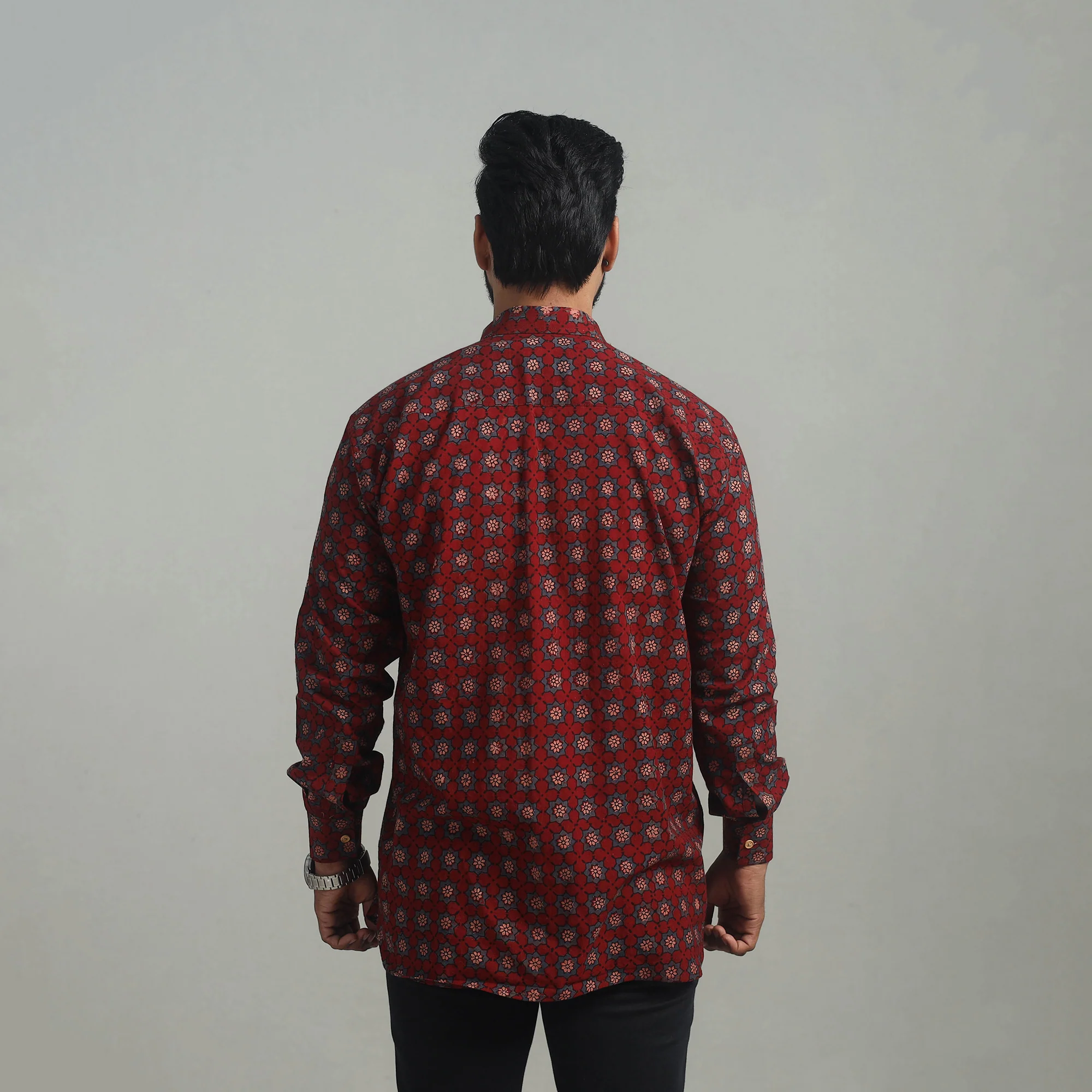 Maroon - Natural Dyed Cotton Men Ajrakh Print Shirt 08 - Image 4