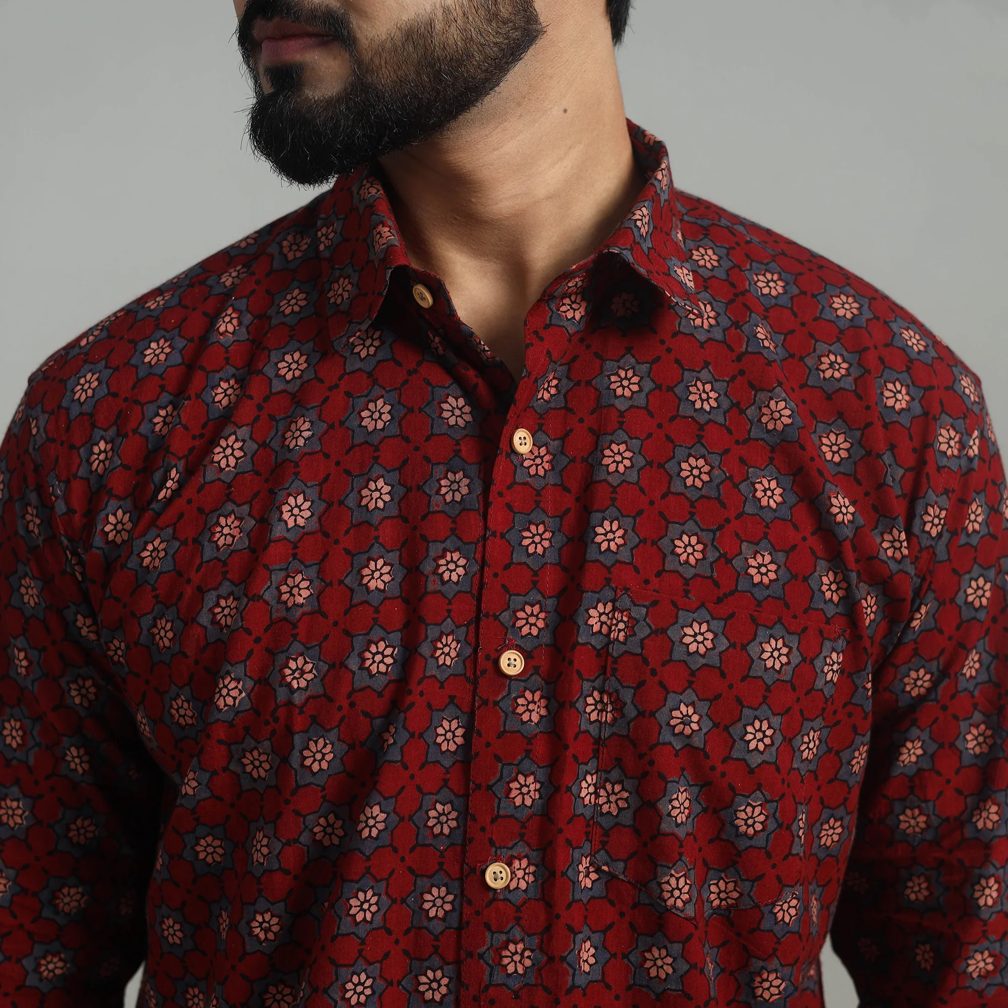 Maroon - Natural Dyed Cotton Men Ajrakh Print Shirt 08 - Image 5