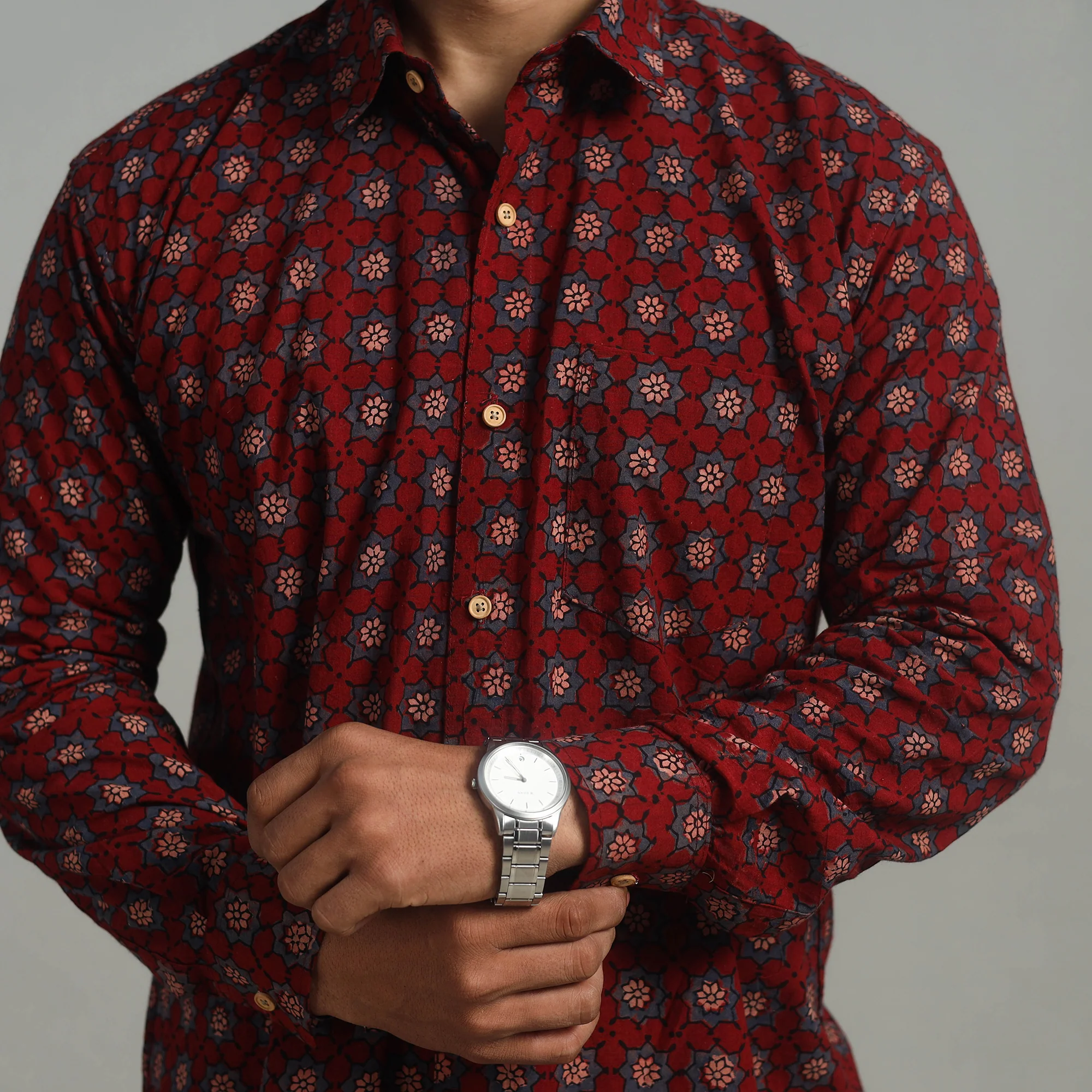 Maroon - Natural Dyed Cotton Men Ajrakh Print Shirt 08 - Image 6