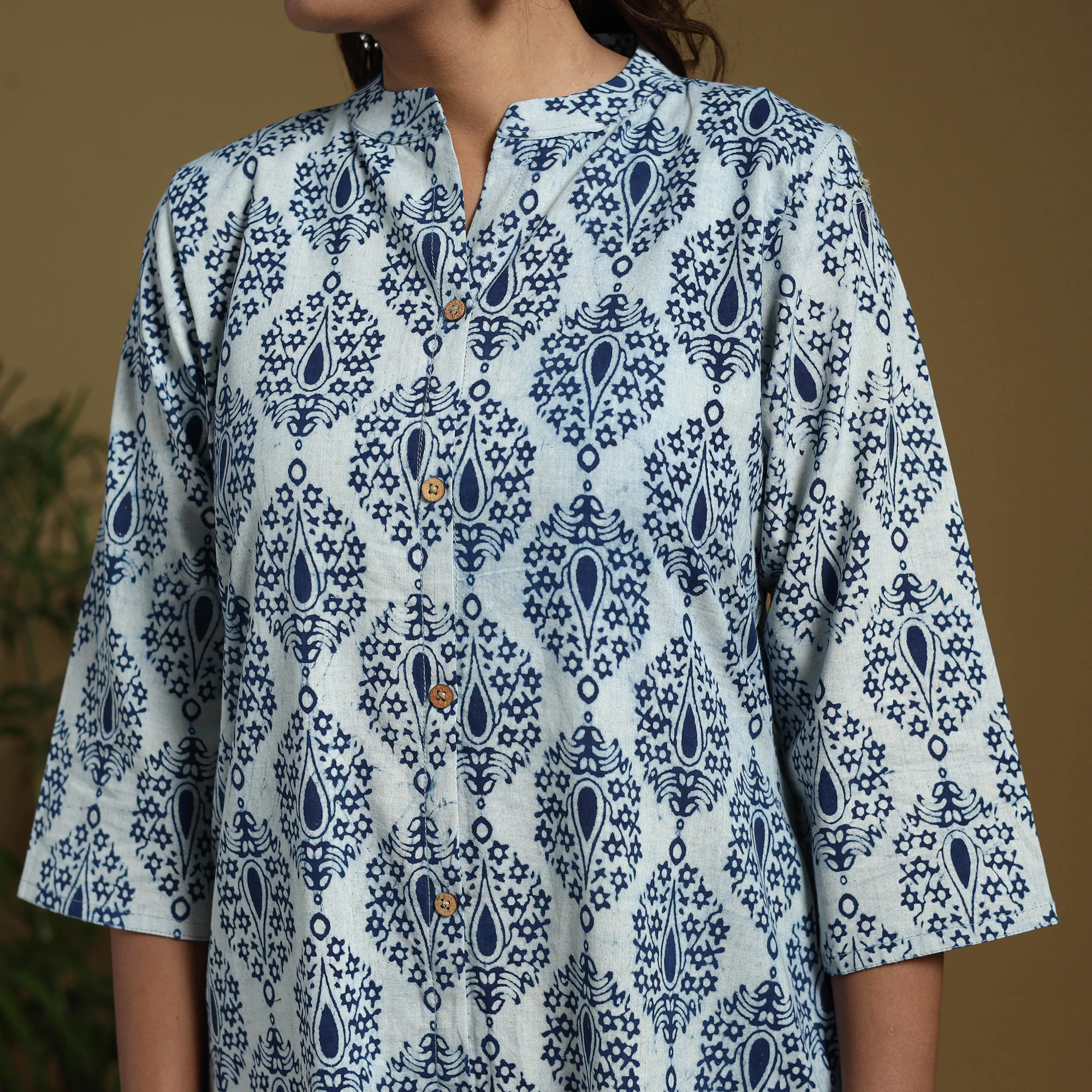 Blue - Natural Dyed Indigo Block Print Cotton A-Line Bagru Kurta 04 - Image 4