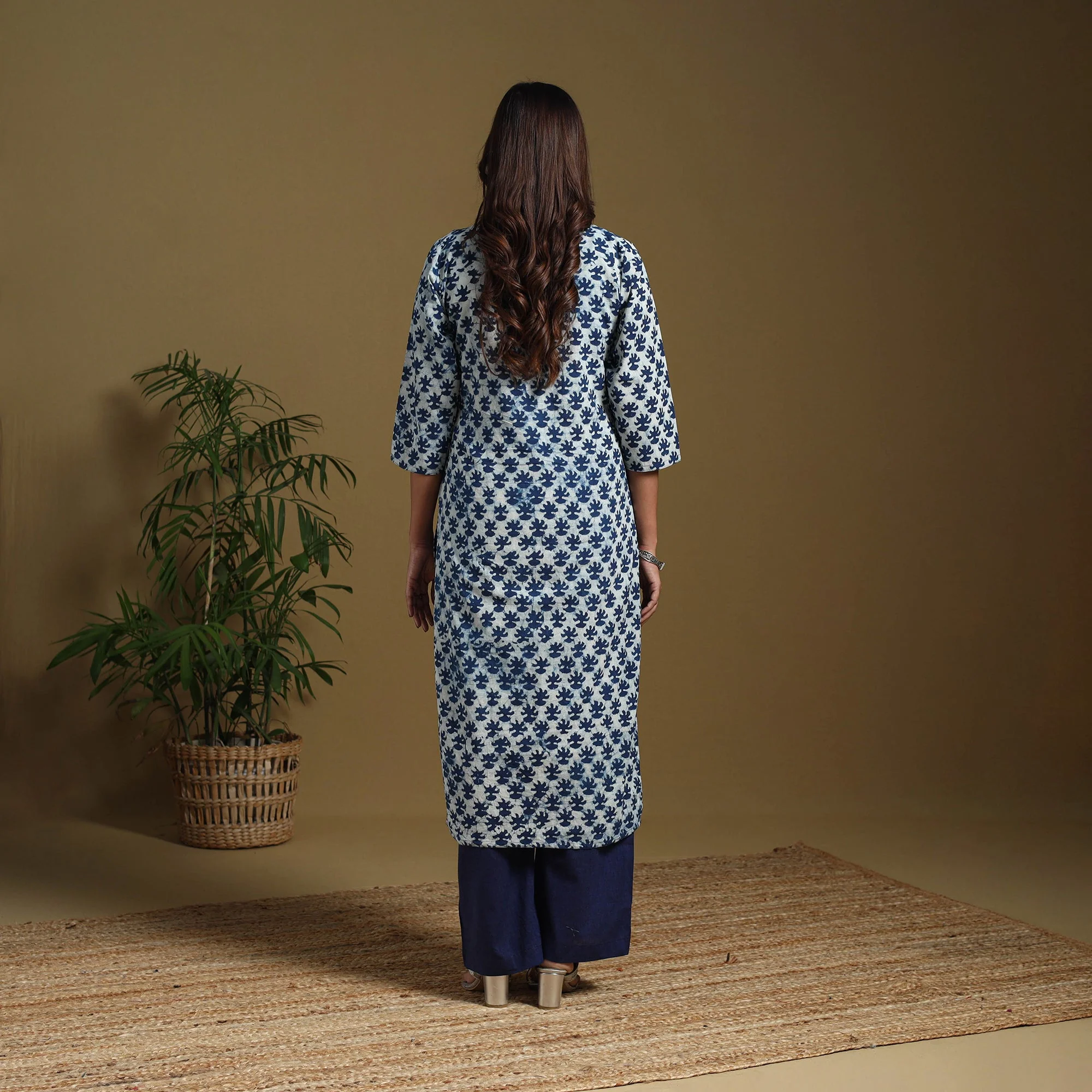 Blue - Natural Dyed Indigo Block Print Cotton Straight Bagru Kurta 06 - Image 5