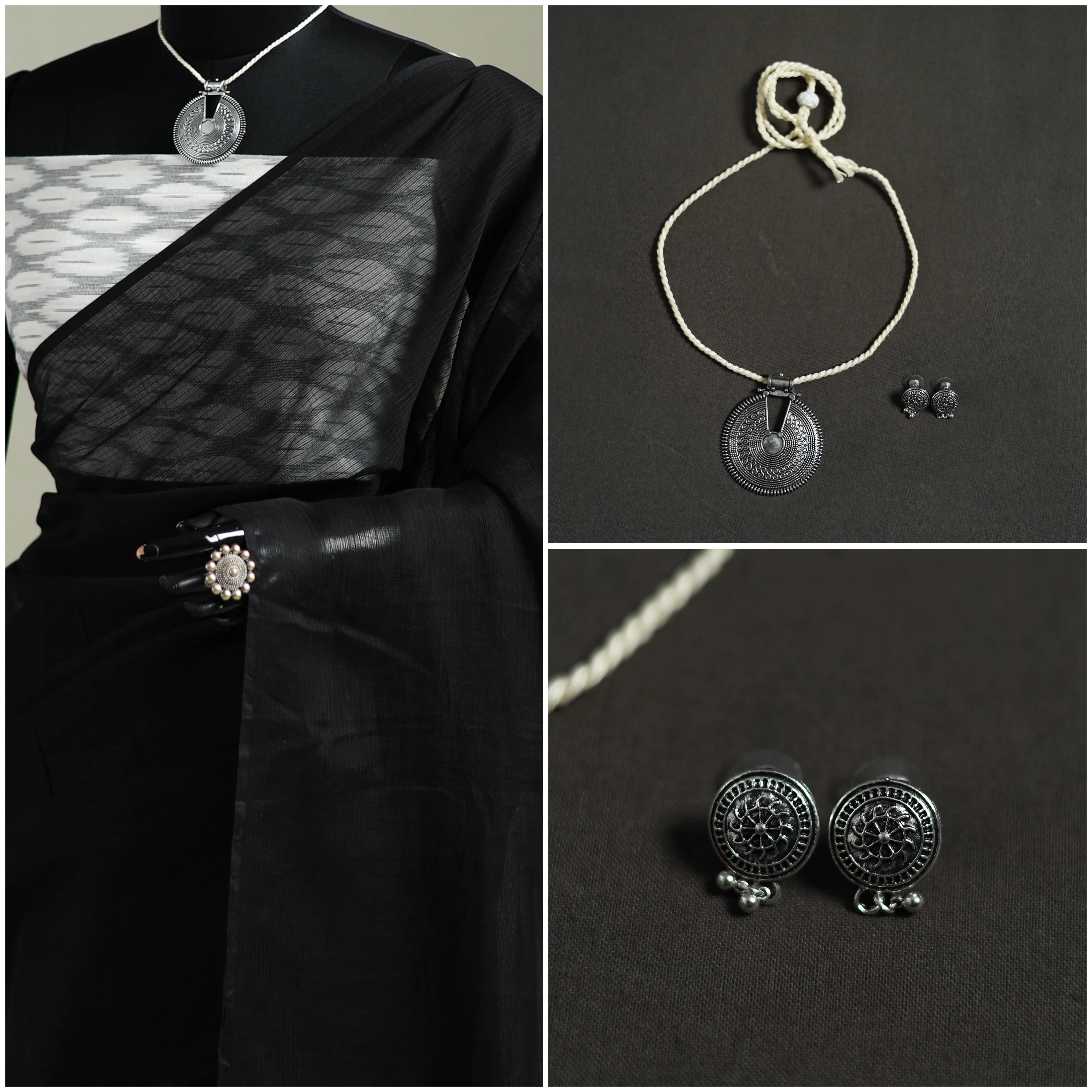 Black - Nazaakat Kota Doria Cotton Plain Saree with Blouse & Jewellery Set 01 - Image 3