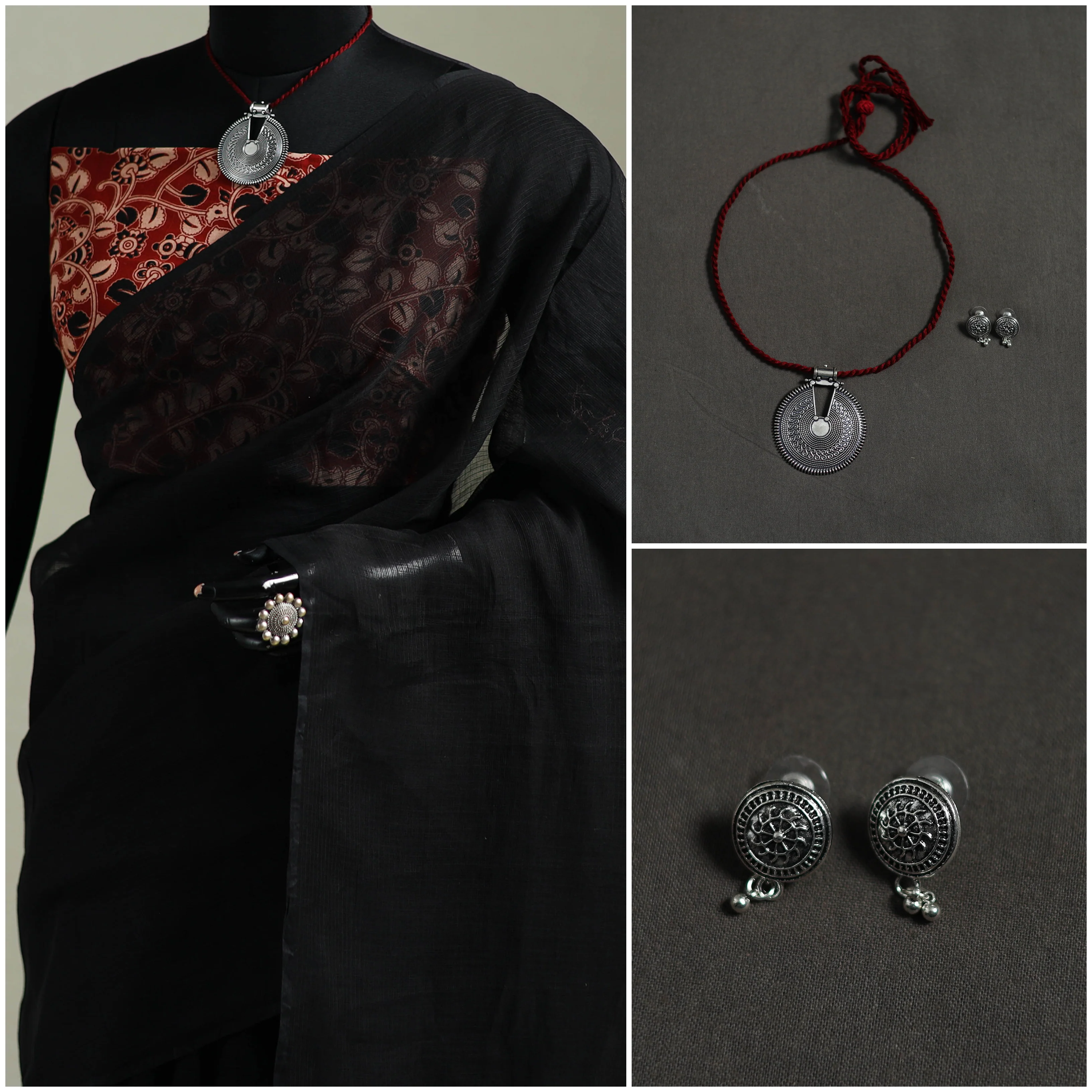 Black - Nazaakat Kota Doria Cotton Plain Saree with Blouse & Jewellery Set 02 - Image 3