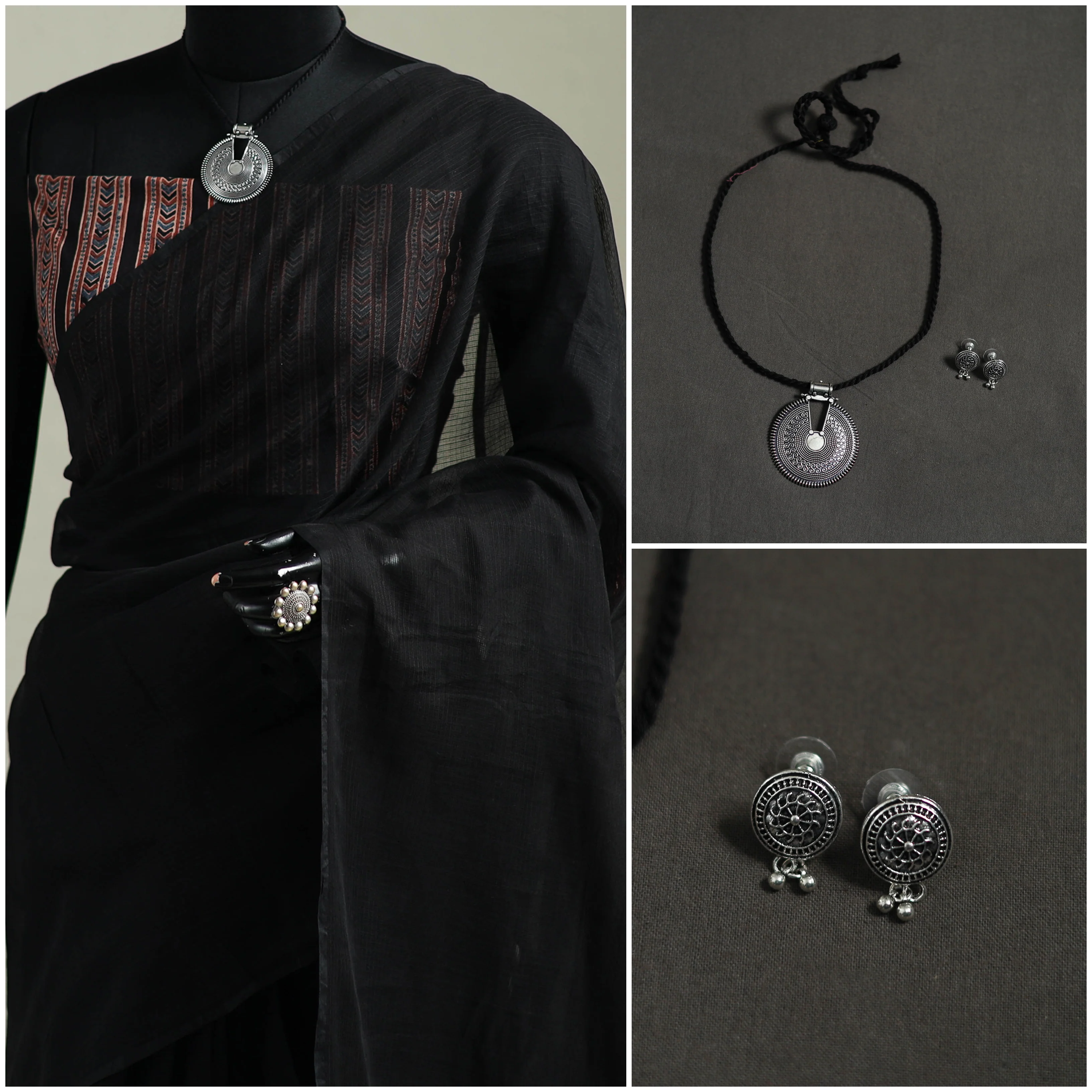 Black - Nazaakat Kota Doria Cotton Plain Saree with Blouse & Jewellery Set 03 - Image 3