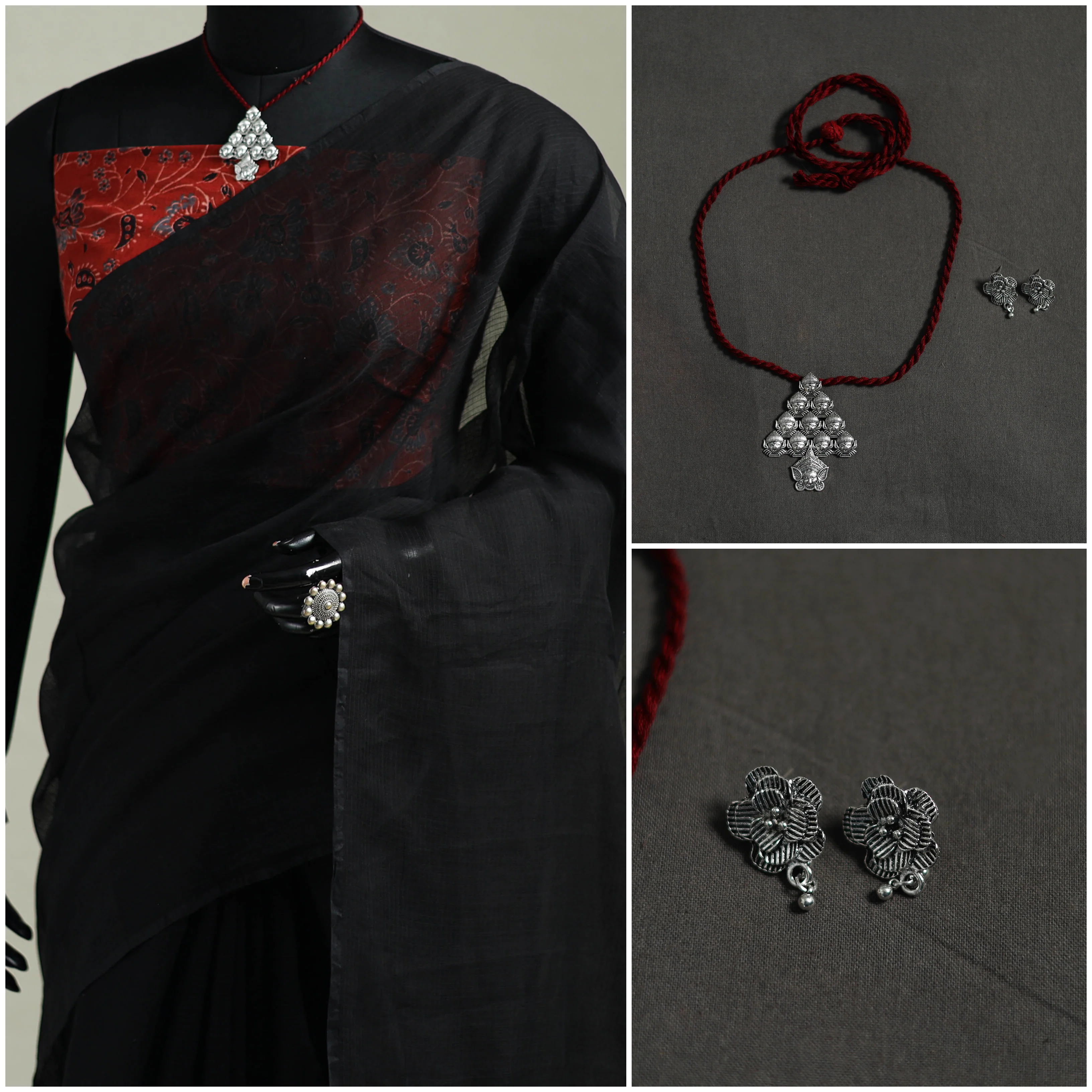 Black - Nazaakat Kota Doria Cotton Plain Saree with Blouse & Jewellery Set 05 - Image 3