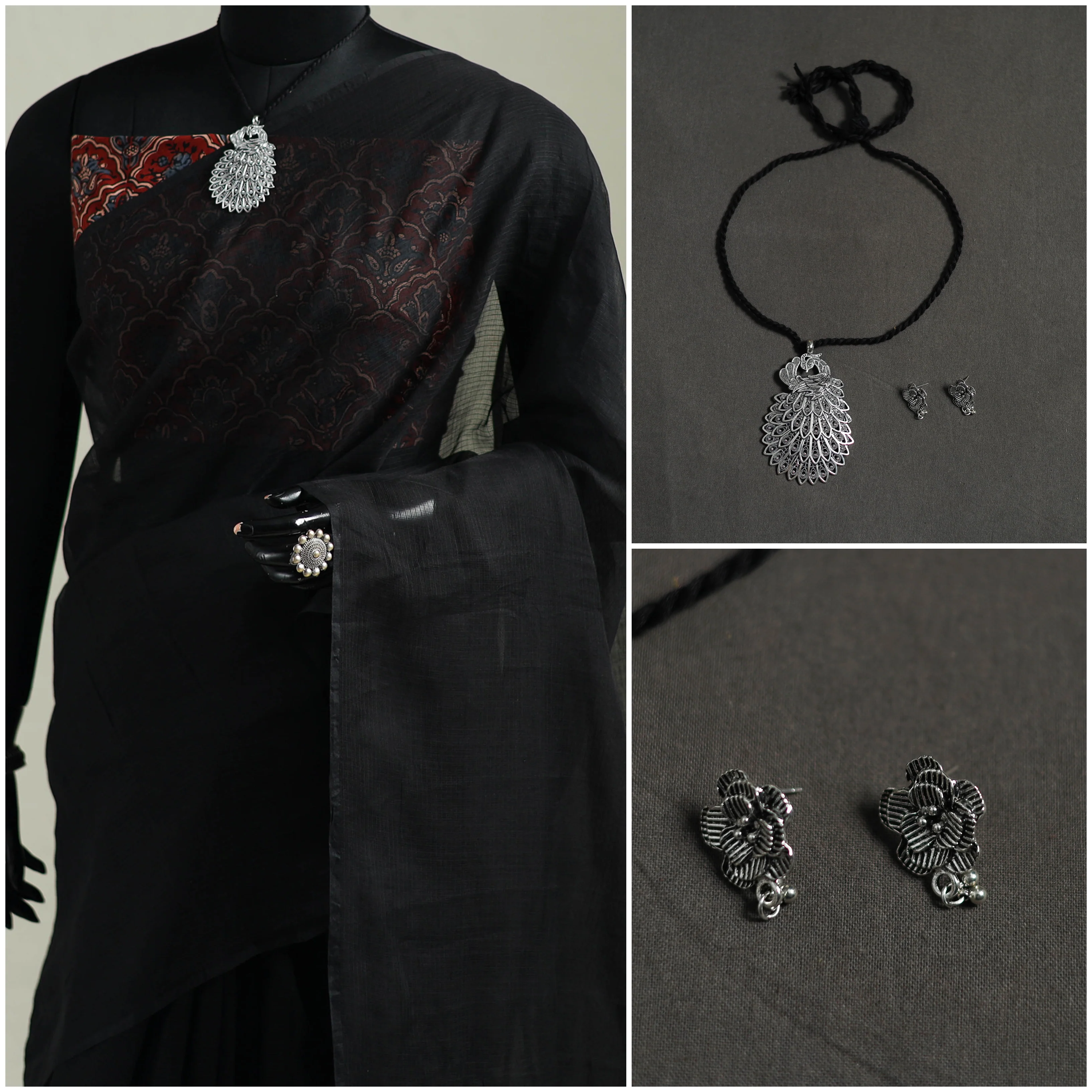 Black - Nazaakat Kota Doria Cotton Plain Saree with Blouse & Jewellery Set 06 - Image 3