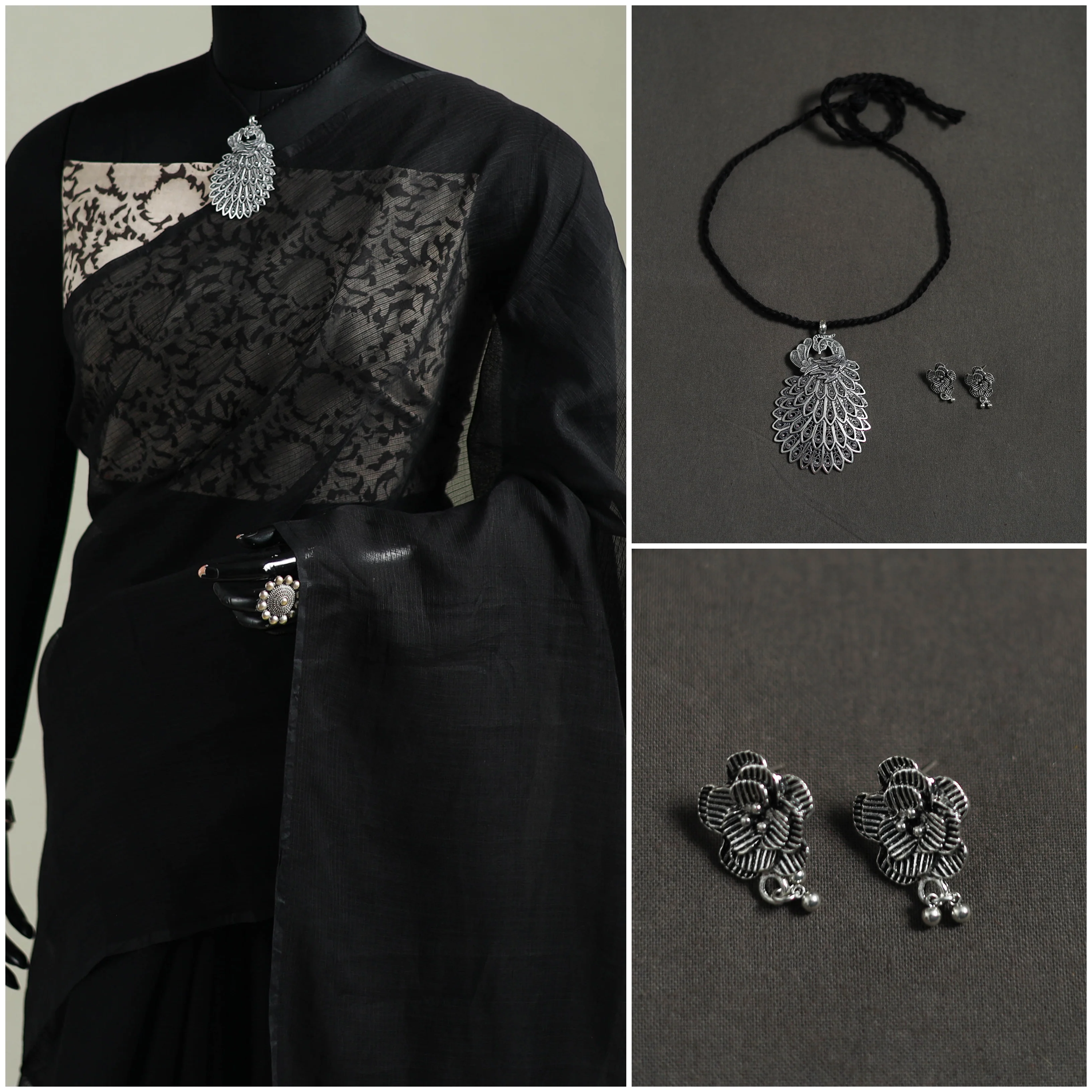 Black - Nazaakat Kota Doria Cotton Plain Saree with Blouse & Jewellery Set 07 - Image 3
