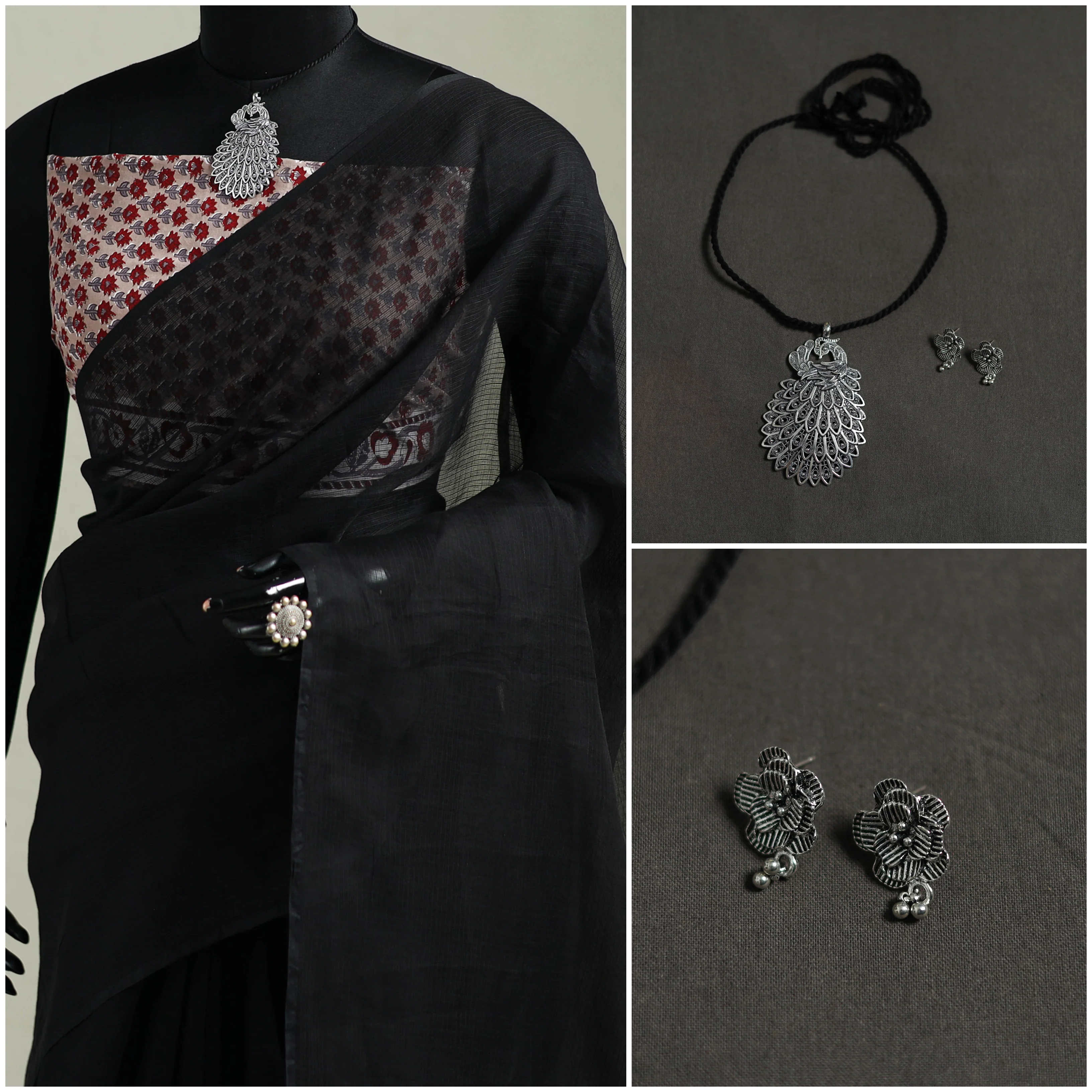Black - Nazaakat Kota Doria Cotton Plain Saree with Blouse & Jewellery Set 08 - Image 3