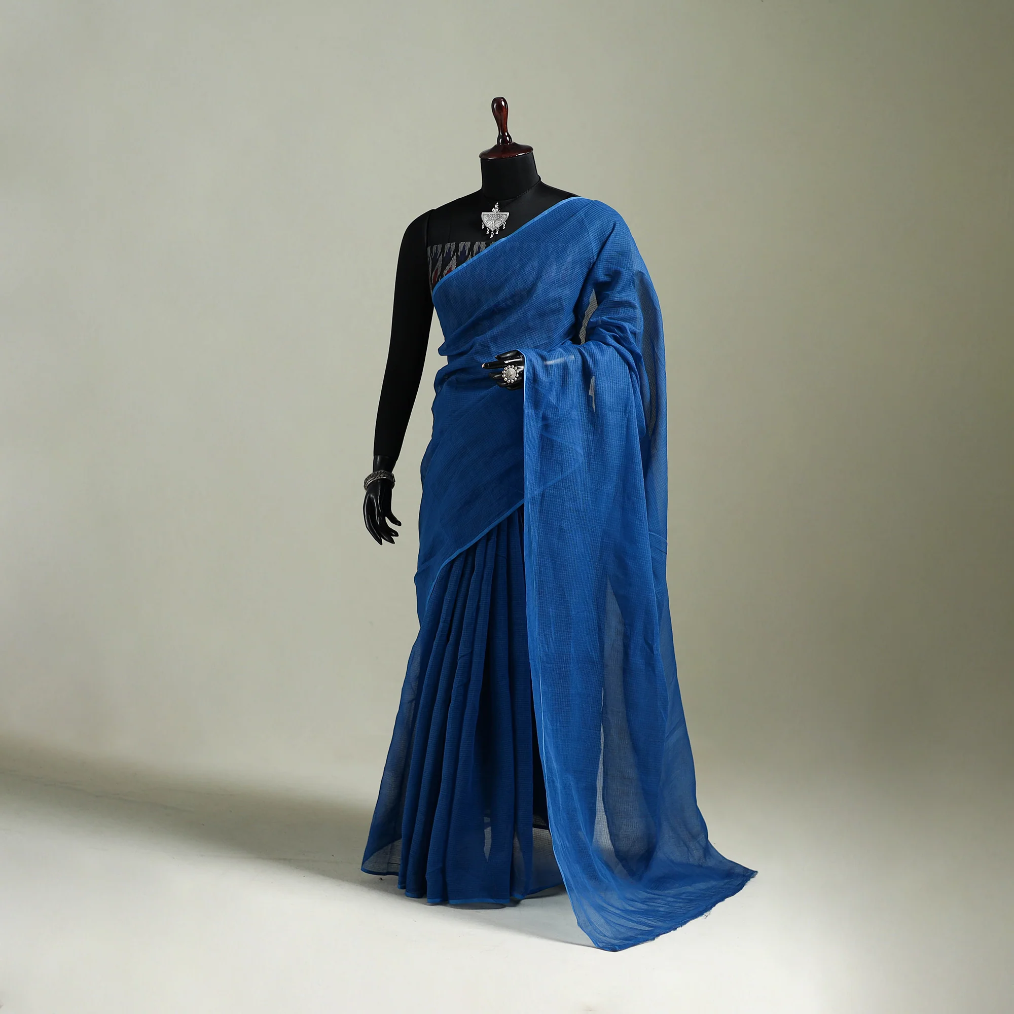 Blue - Nazaakat Kota Doria Cotton Plain Saree with Blouse & Jewellery Set 100