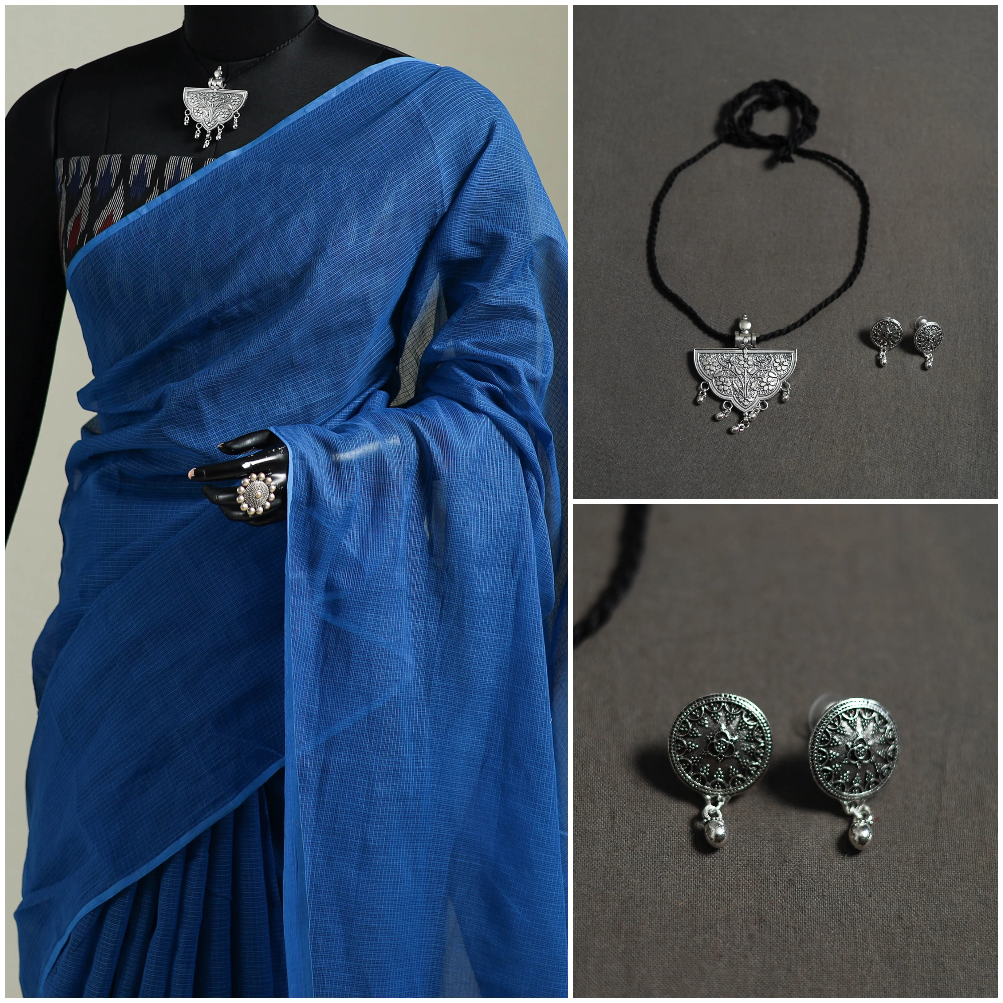 Blue - Nazaakat Kota Doria Cotton Plain Saree with Blouse & Jewellery Set 100 - Image 3