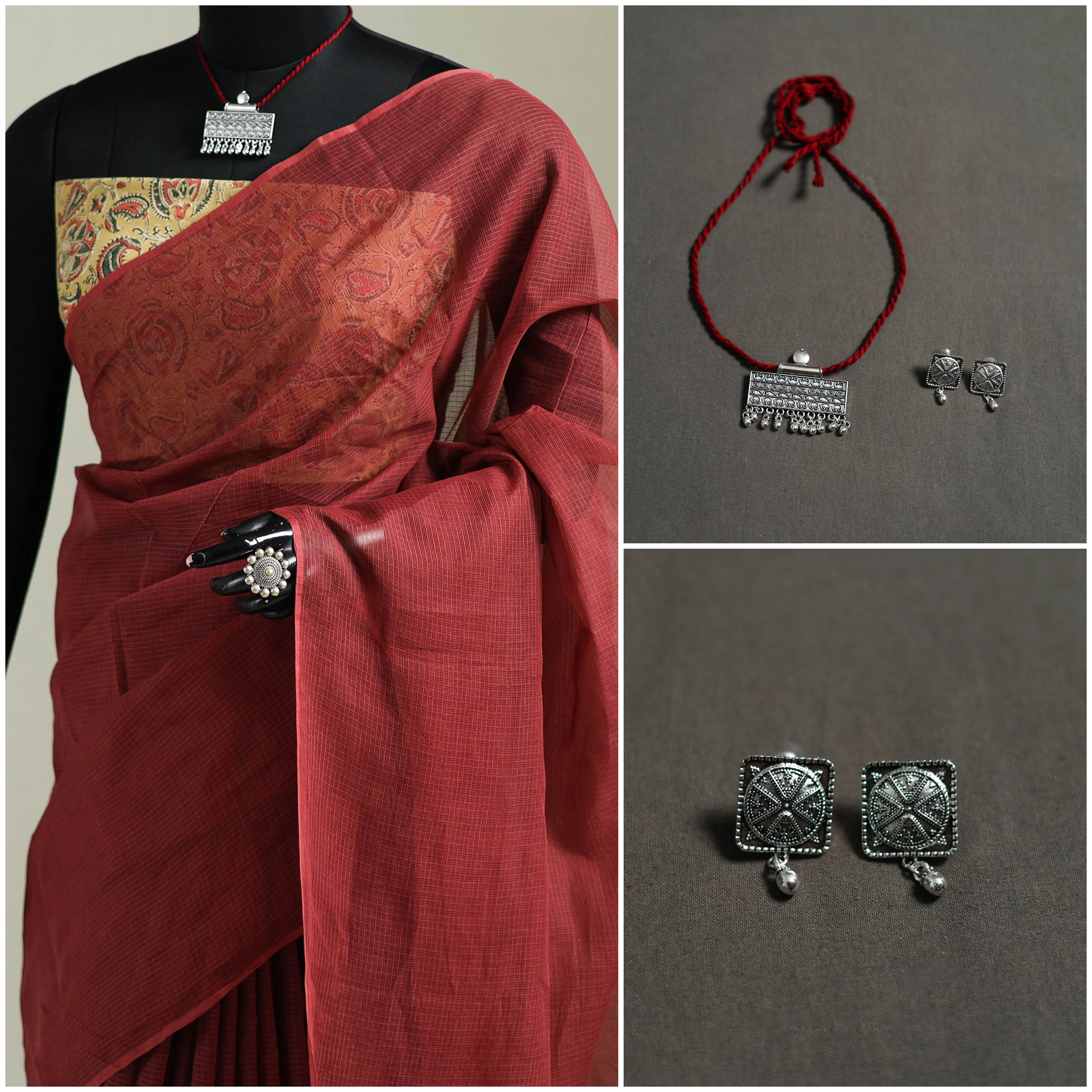 Red - Nazaakat Kota Doria Cotton Plain Saree with Blouse & Jewellery Set 101 - Image 3