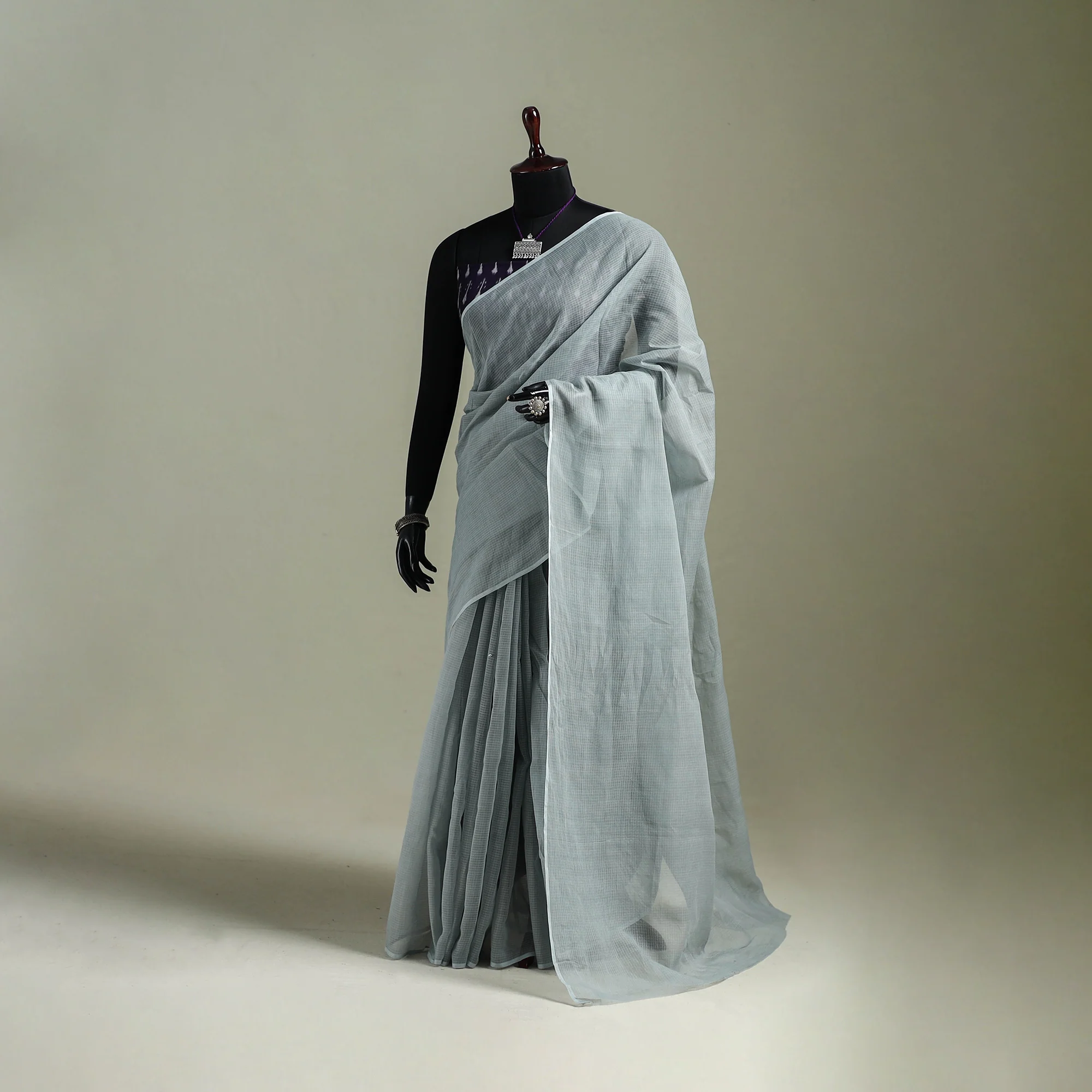 Grey - Nazaakat Kota Doria Cotton Plain Saree with Blouse & Jewellery Set 102