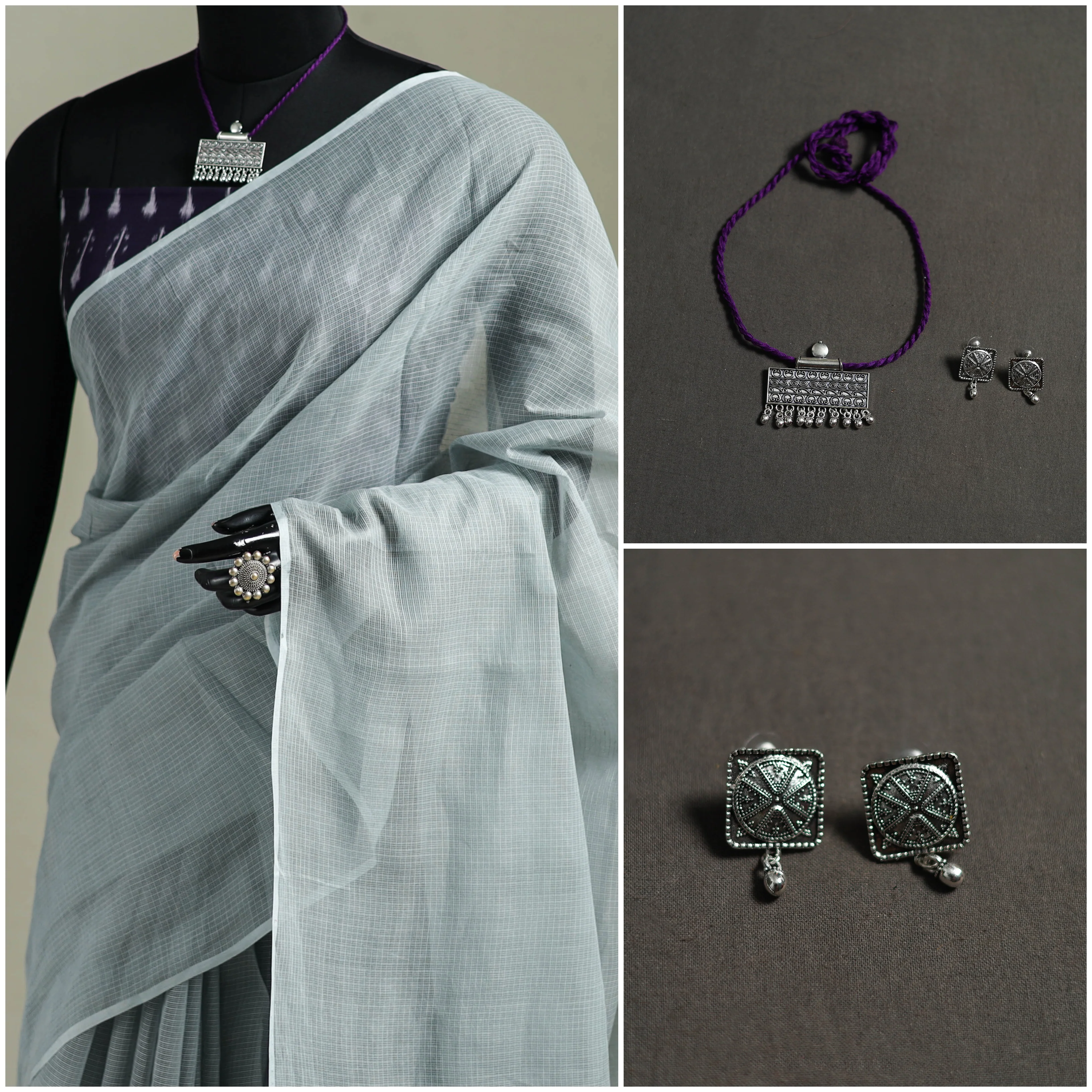 Grey - Nazaakat Kota Doria Cotton Plain Saree with Blouse & Jewellery Set 102 - Image 3