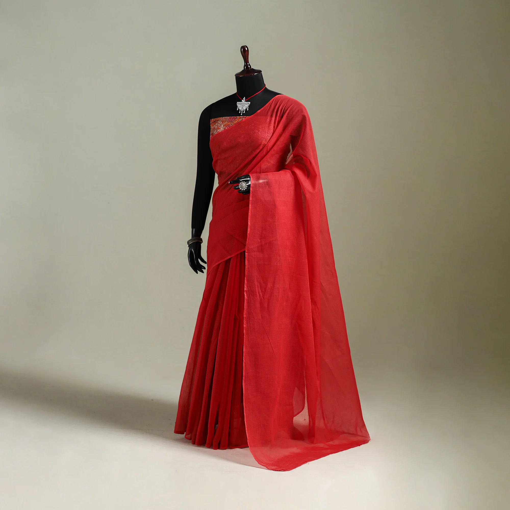 Red - Nazaakat Kota Doria Cotton Plain Saree with Blouse & Jewellery Set 103