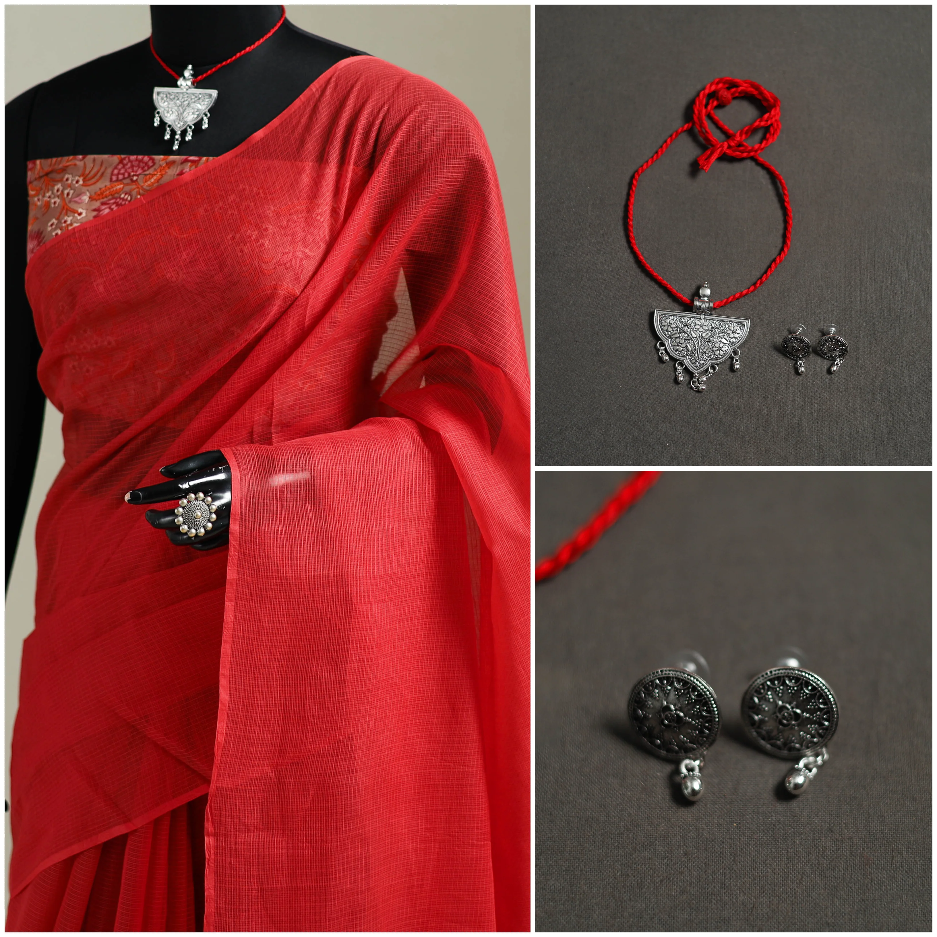 Red - Nazaakat Kota Doria Cotton Plain Saree with Blouse & Jewellery Set 103 - Image 3