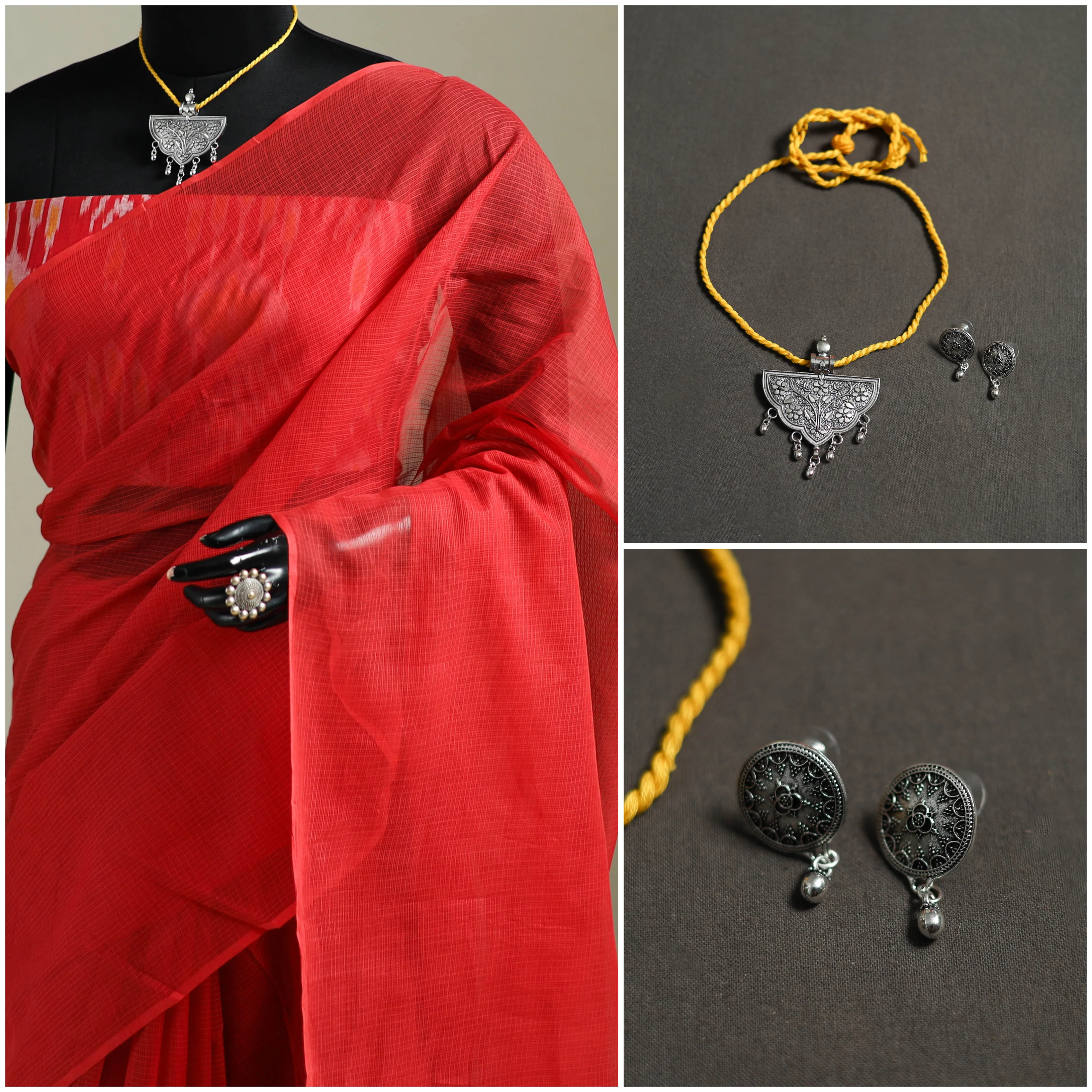 Red - Nazaakat Kota Doria Cotton Plain Saree with Blouse & Jewellery Set 104 - Image 3