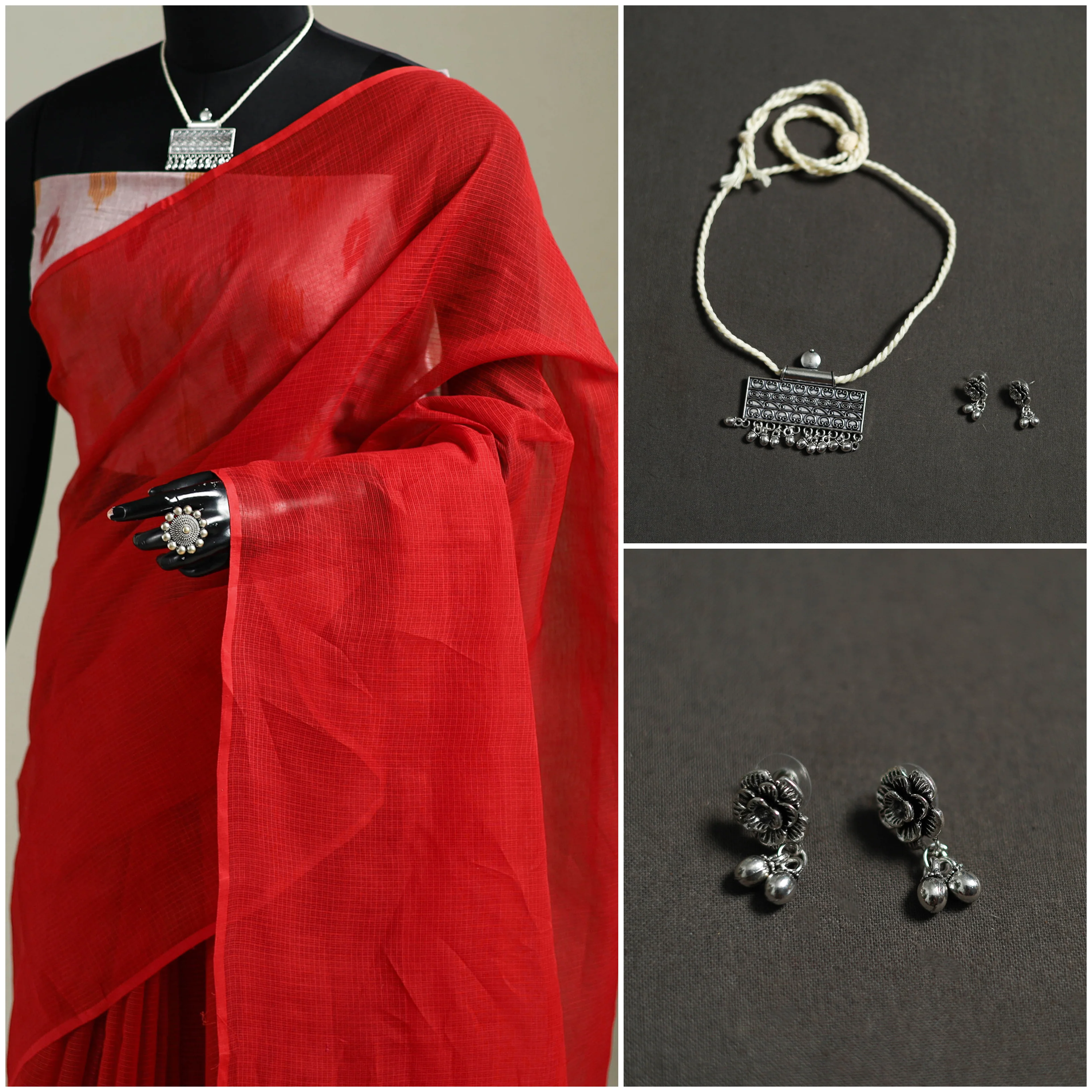 Red - Nazaakat Kota Doria Cotton Plain Saree with Blouse & Jewellery Set 106 - Image 3