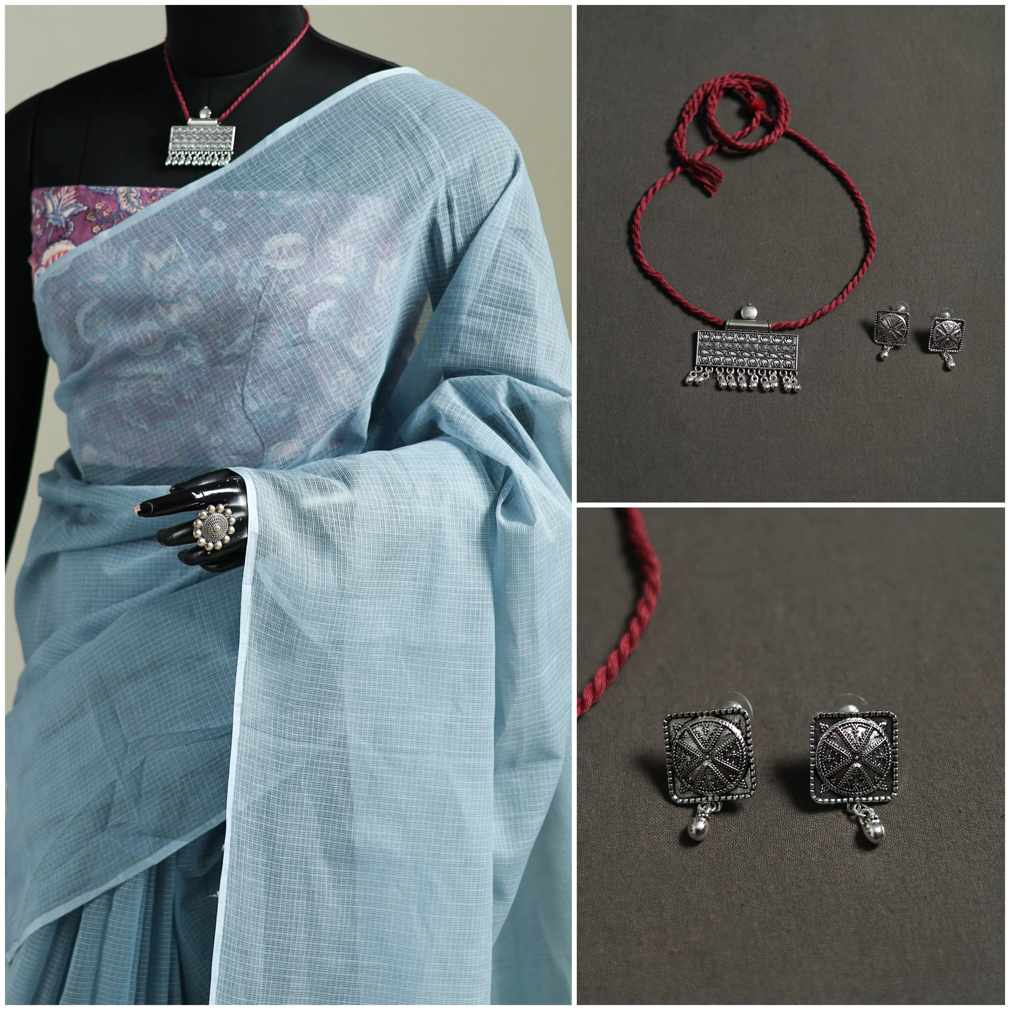 Blue - Nazaakat Kota Doria Cotton Plain Saree with Blouse & Jewellery Set 107 - Image 3