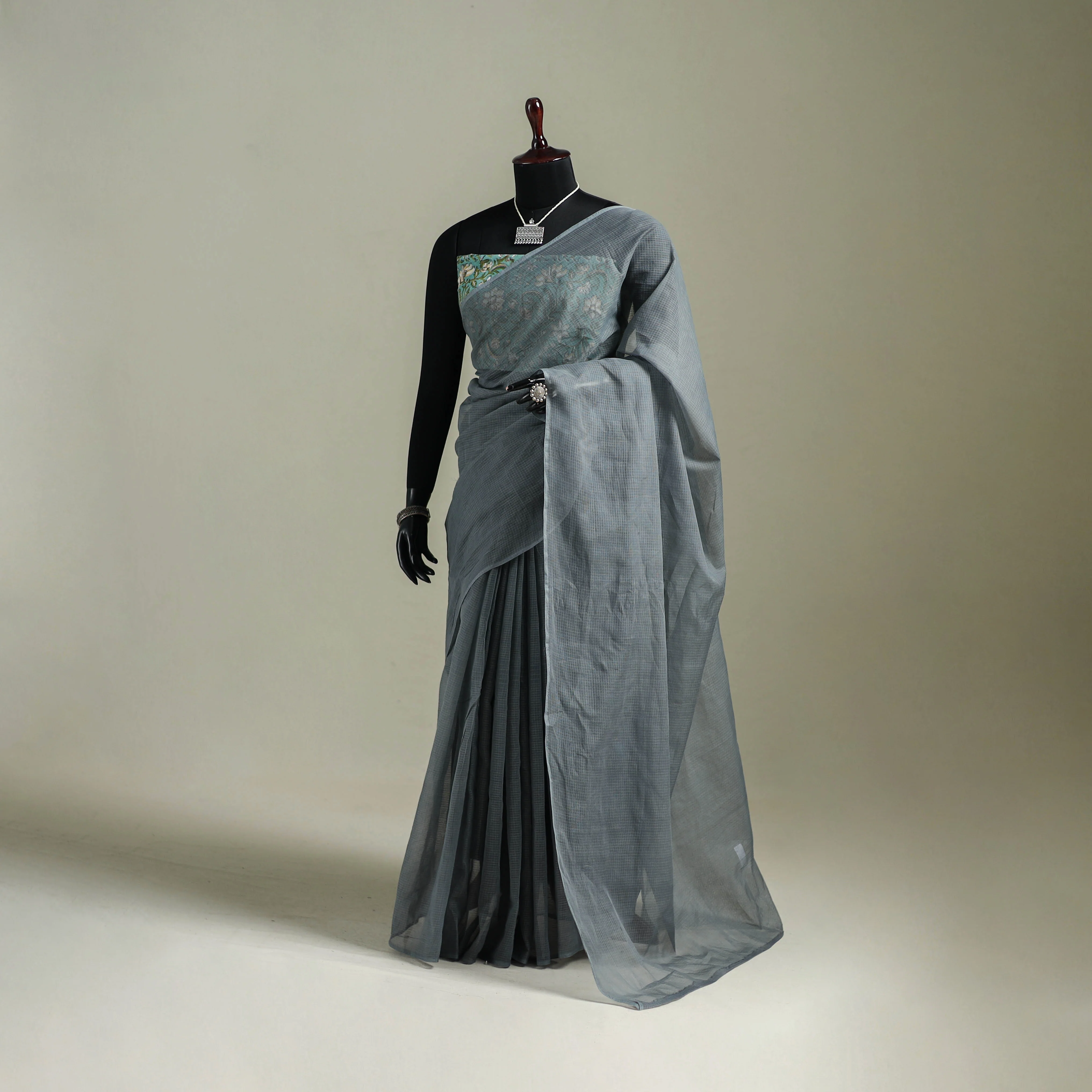 Grey - Nazaakat Kota Doria Cotton Plain Saree with Blouse & Jewellery Set 108