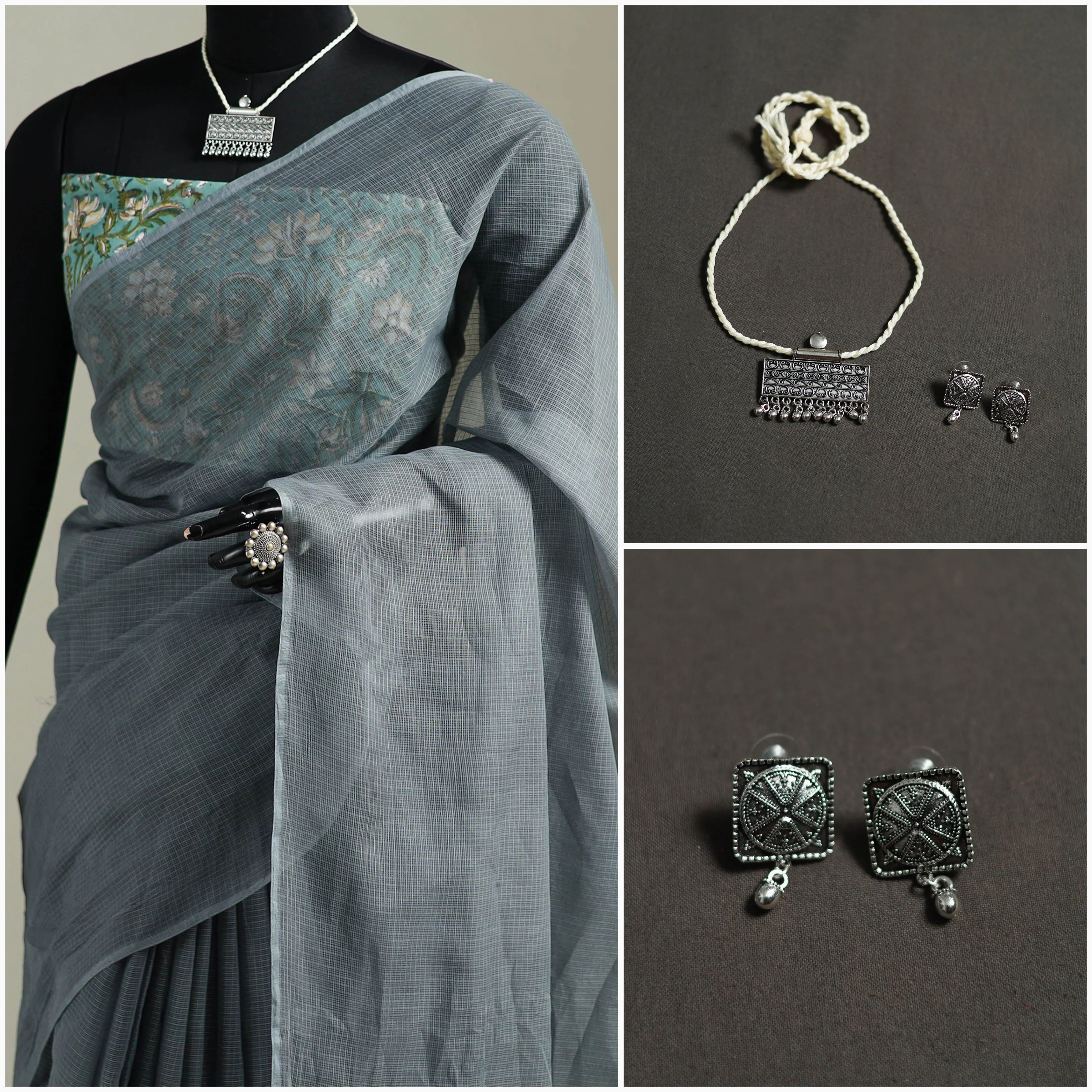 Grey - Nazaakat Kota Doria Cotton Plain Saree with Blouse & Jewellery Set 108 - Image 3