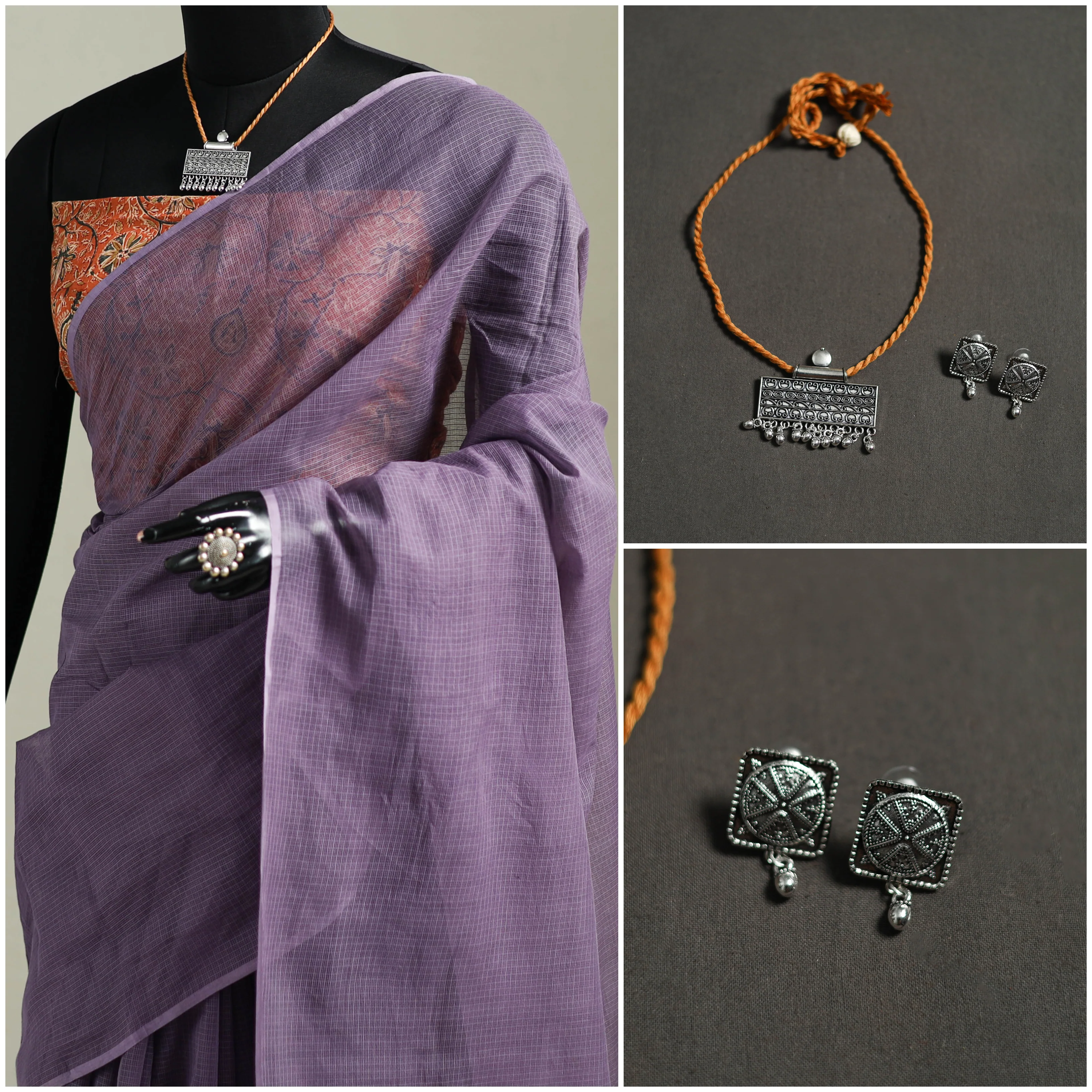 Purple - Nazaakat Kota Doria Cotton Plain Saree with Blouse & Jewellery Set 109 - Image 3