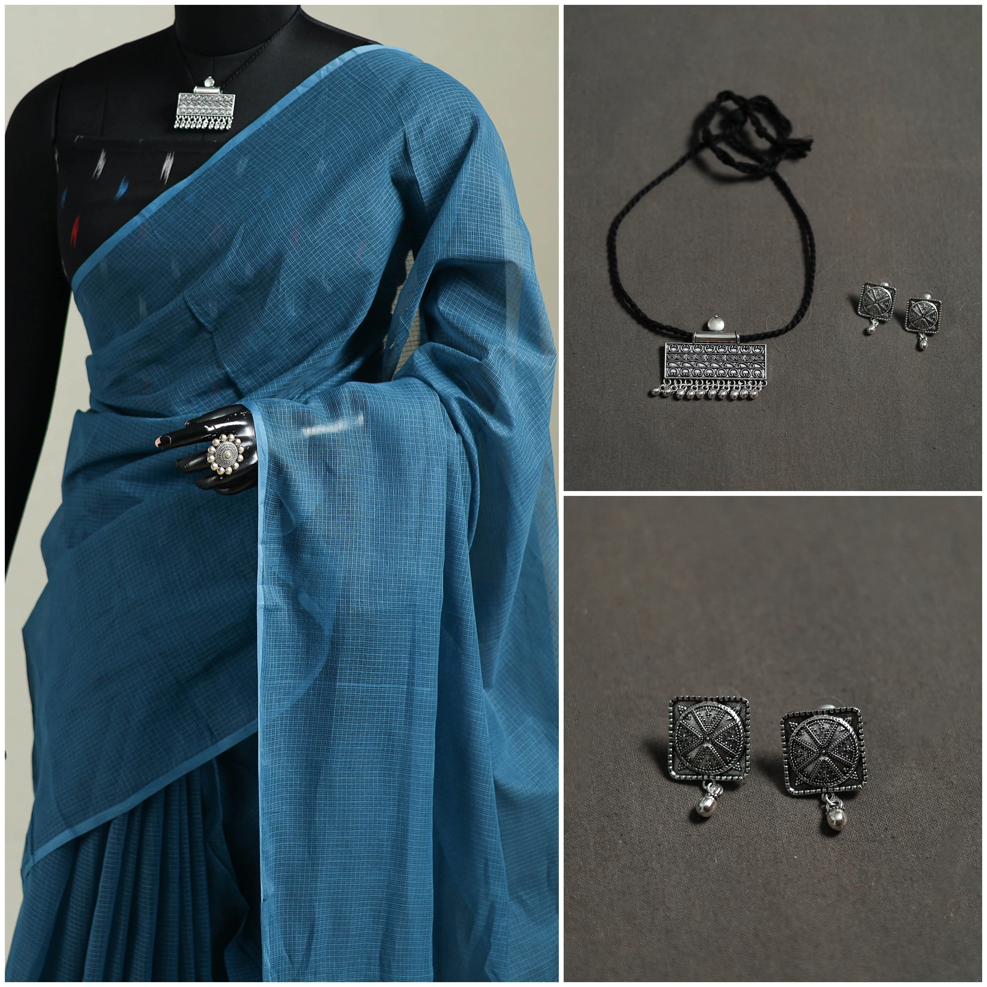 Blue - Nazaakat Kota Doria Cotton Plain Saree with Blouse & Jewellery Set 111 - Image 3