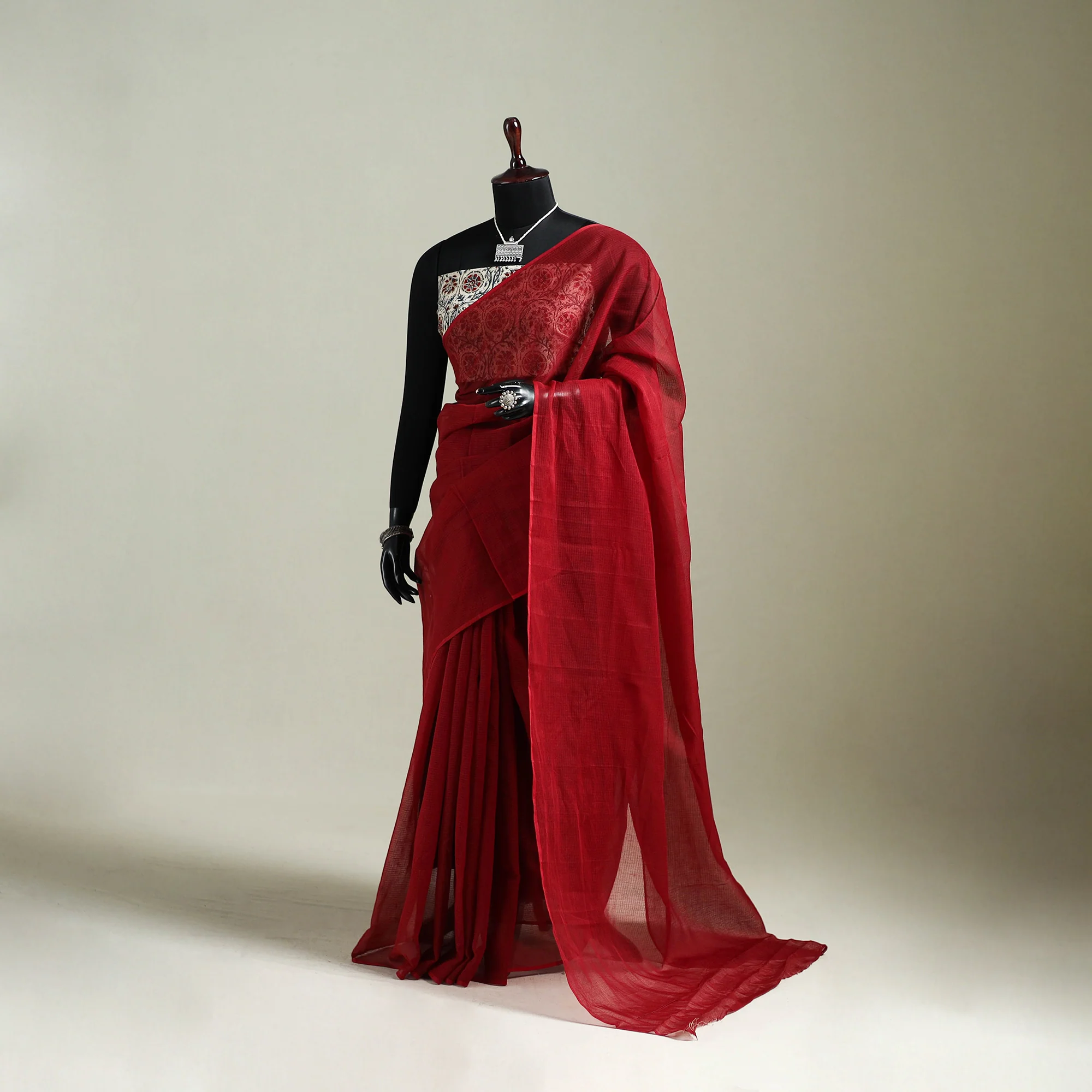 Red - Nazaakat Kota Doria Cotton Plain Saree with Blouse & Jewellery Set 113