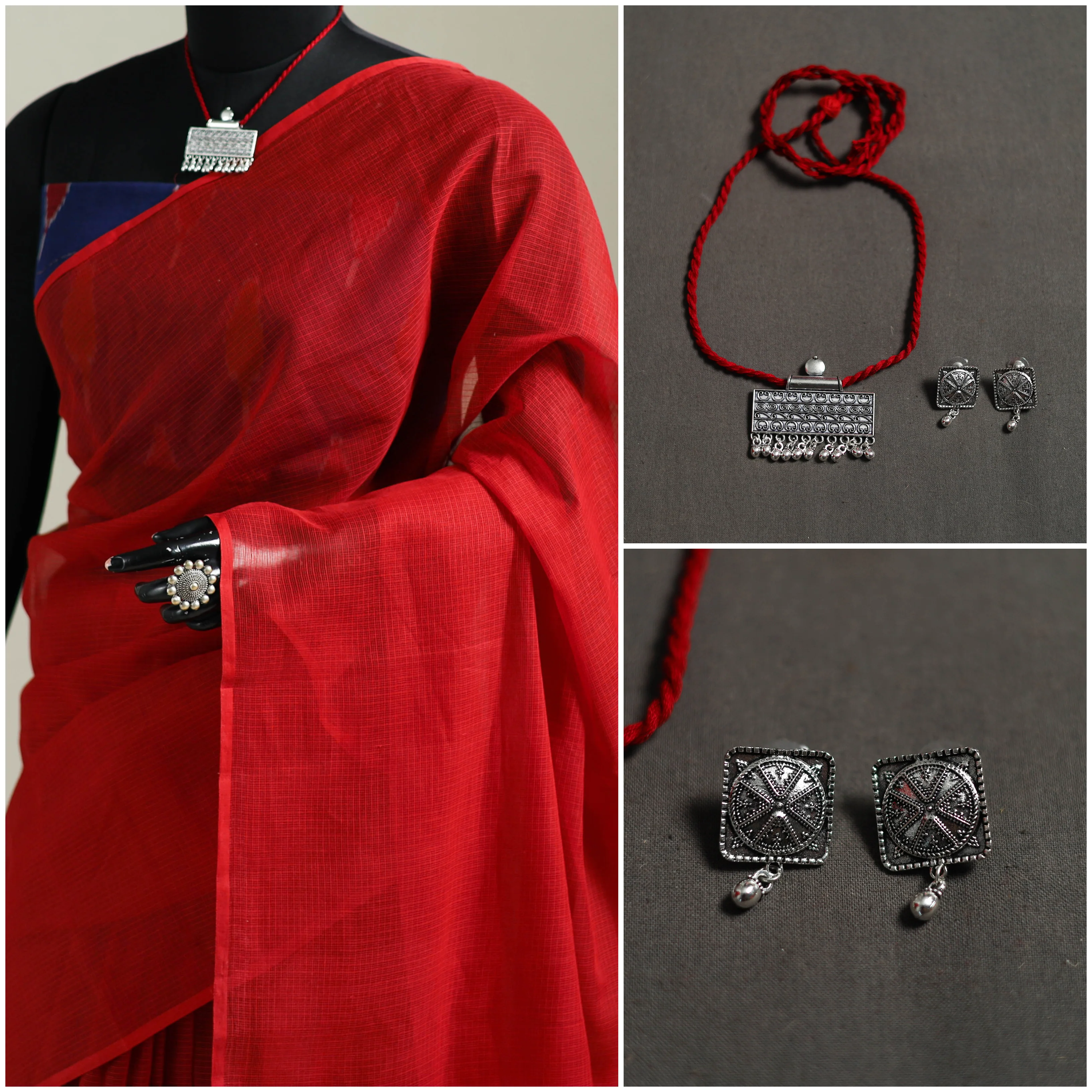 Red - Nazaakat Kota Doria Cotton Plain Saree with Blouse & Jewellery Set 114 - Image 3