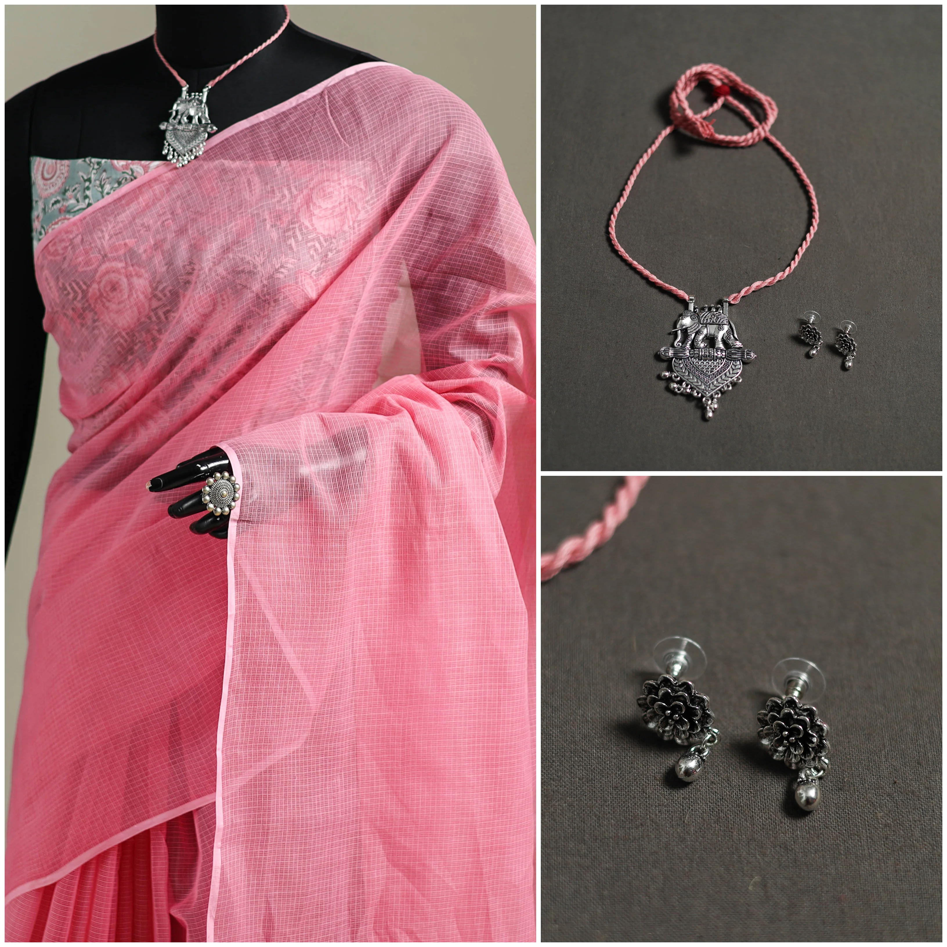 Pink - Nazaakat Kota Doria Cotton Plain Saree with Blouse & Jewellery Set 115 - Image 3