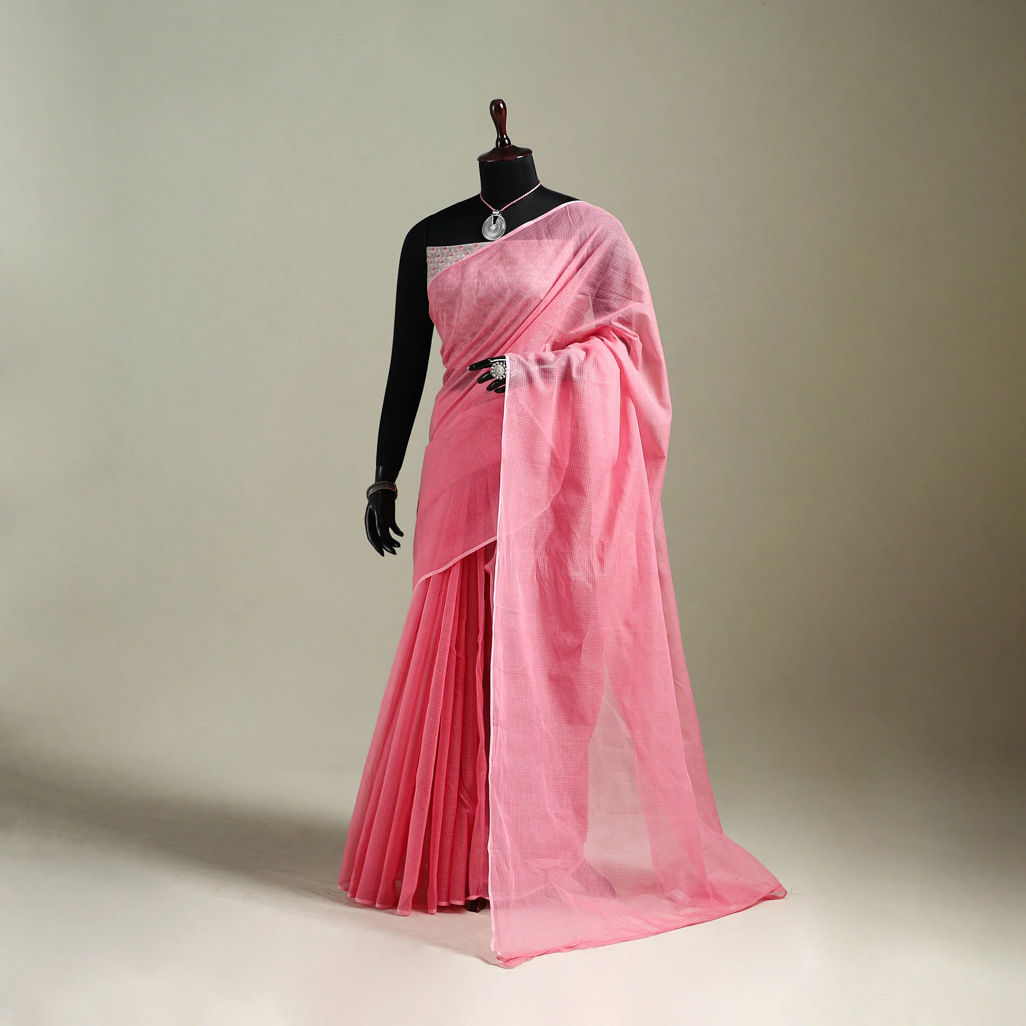 Pink - Nazaakat Kota Doria Cotton Plain Saree with Blouse & Jewellery Set 116