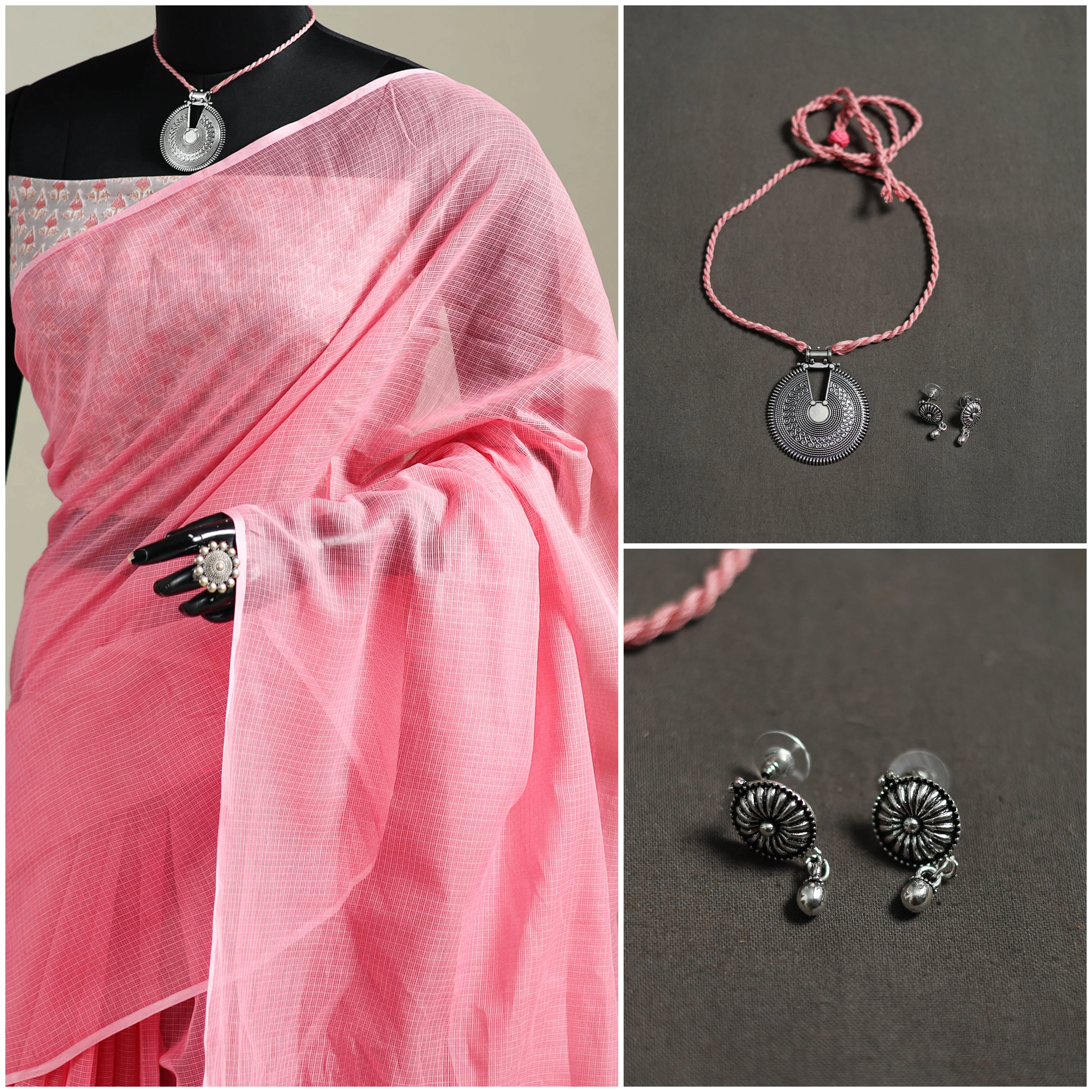 Pink - Nazaakat Kota Doria Cotton Plain Saree with Blouse & Jewellery Set 116 - Image 3