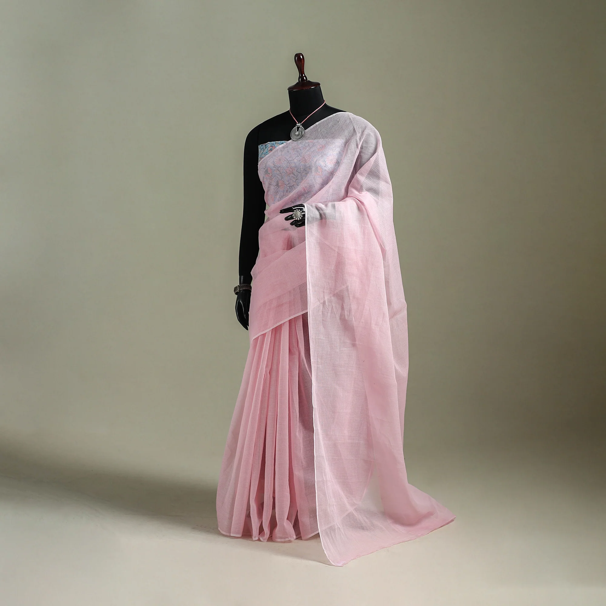 Pink - Nazaakat Kota Doria Cotton Plain Saree with Blouse & Jewellery Set 117
