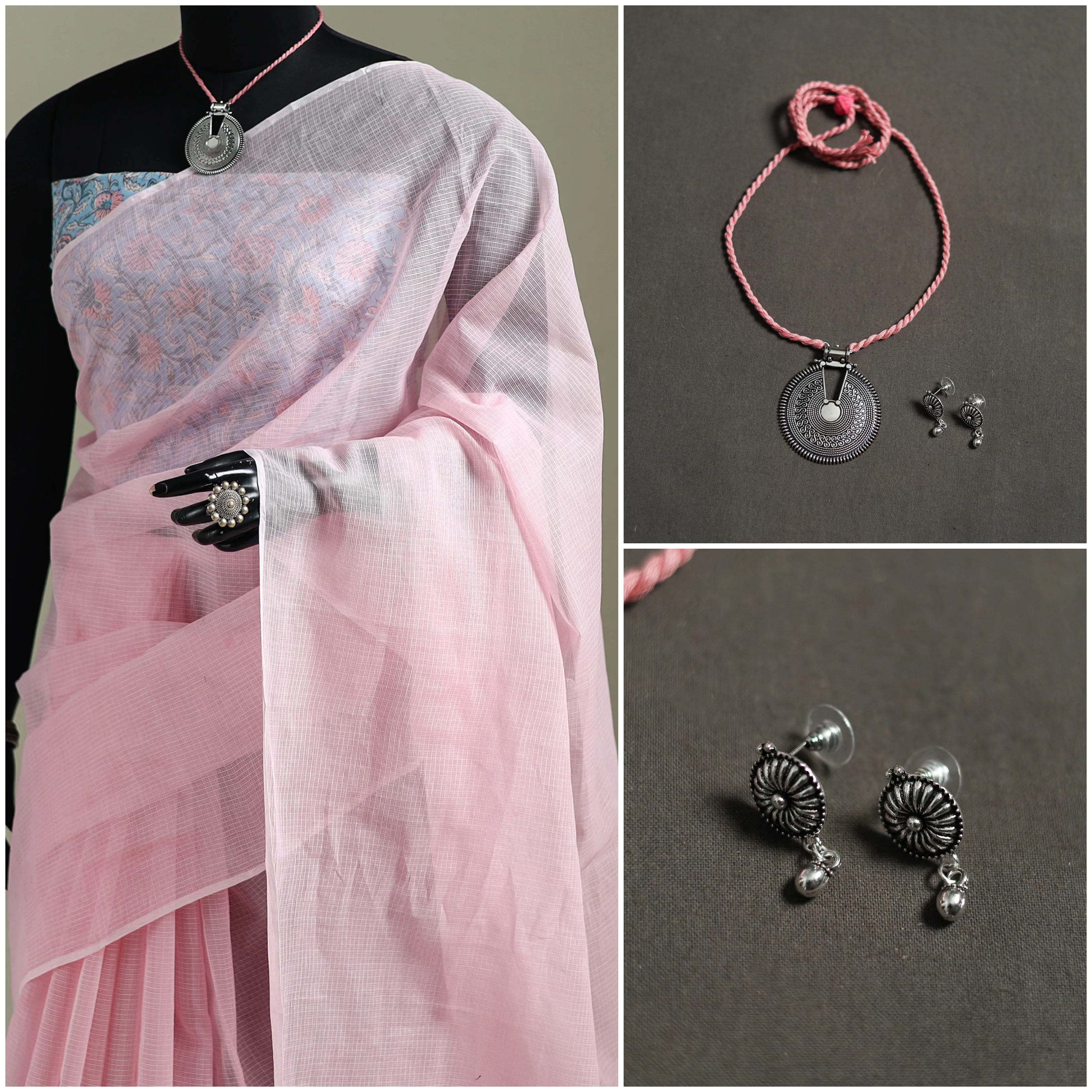 Pink - Nazaakat Kota Doria Cotton Plain Saree with Blouse & Jewellery Set 117 - Image 3