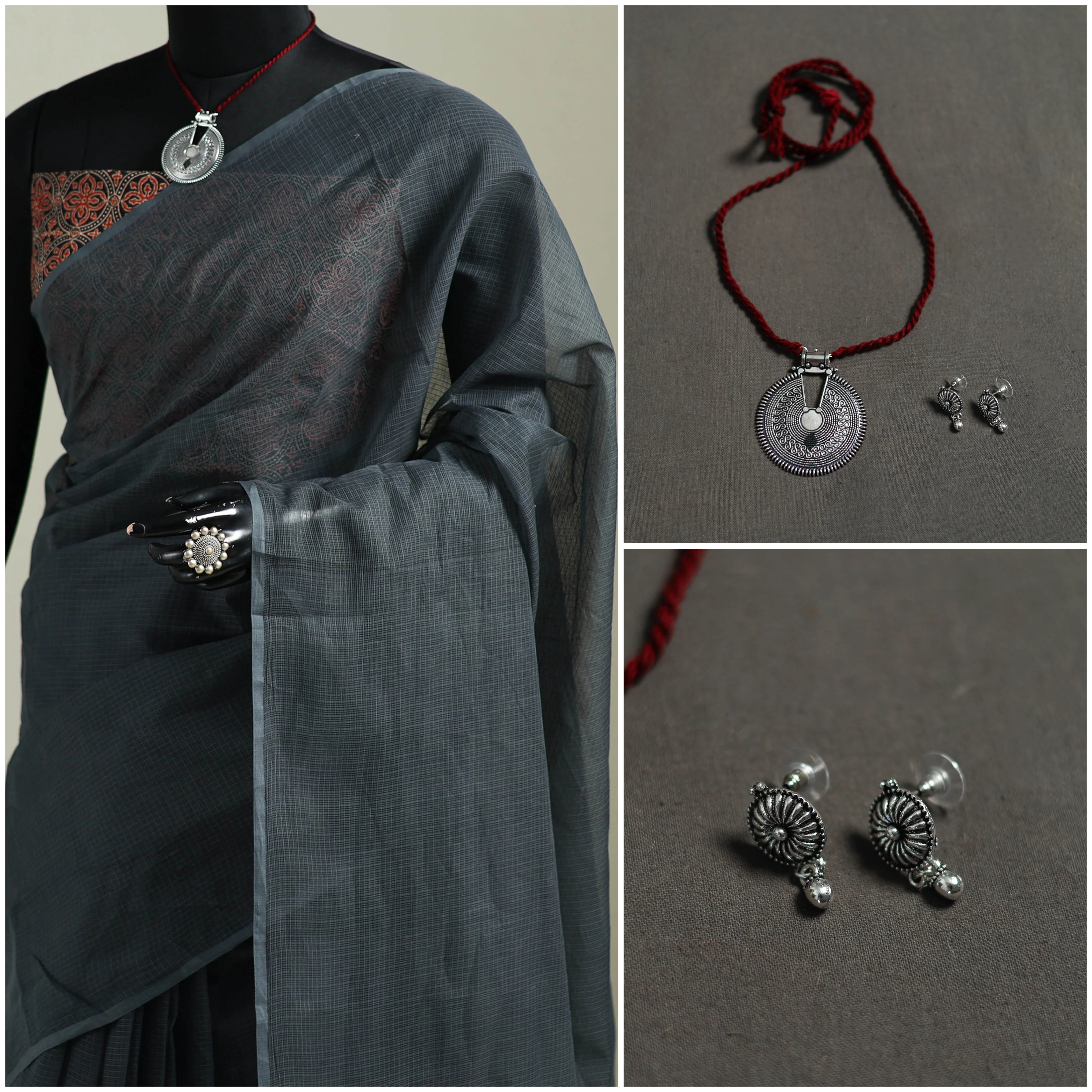 Grey - Nazaakat Kota Doria Cotton Plain Saree with Blouse & Jewellery Set 118 - Image 3