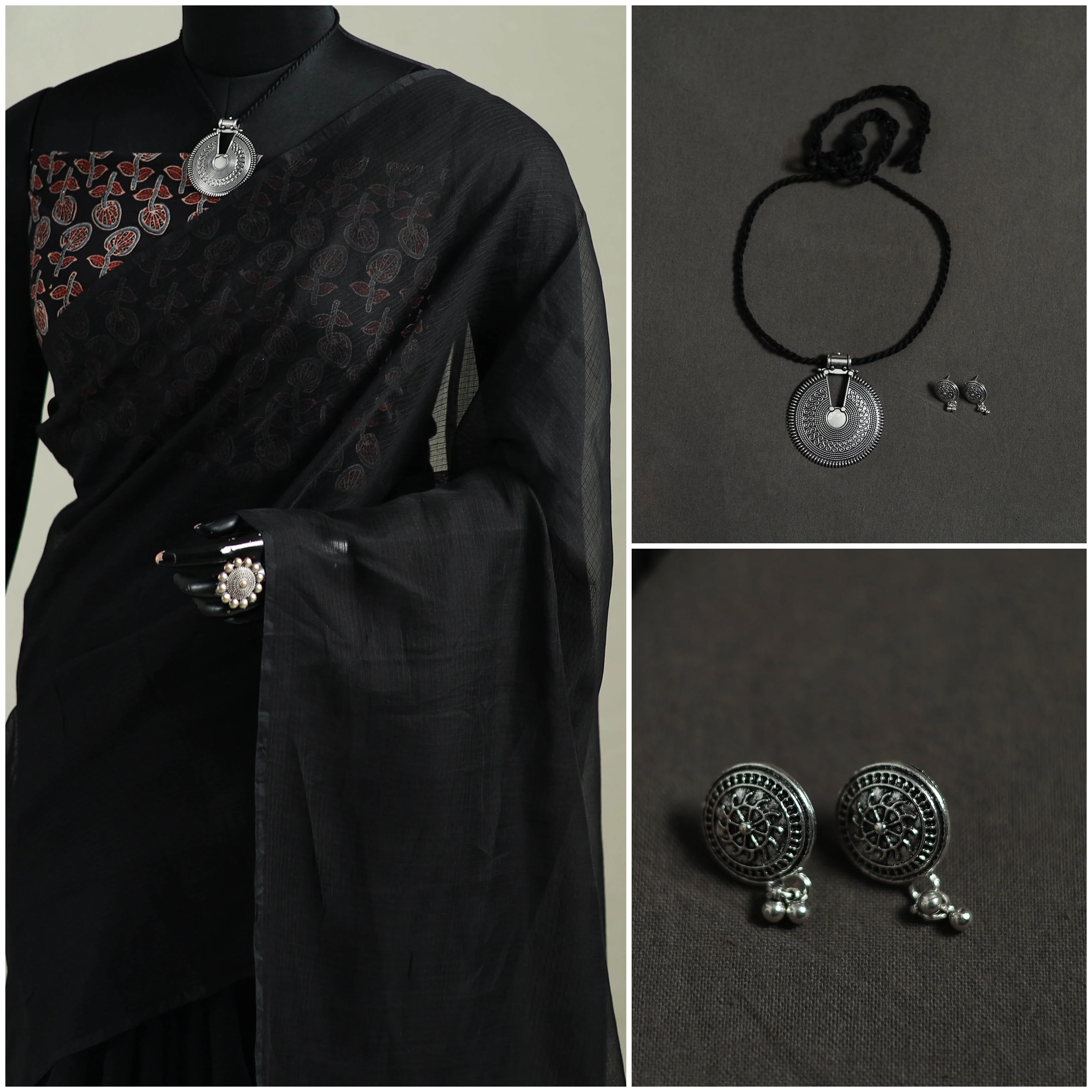 Black - Nazaakat Kota Doria Cotton Plain Saree with Blouse & Jewellery Set 12 - Image 3