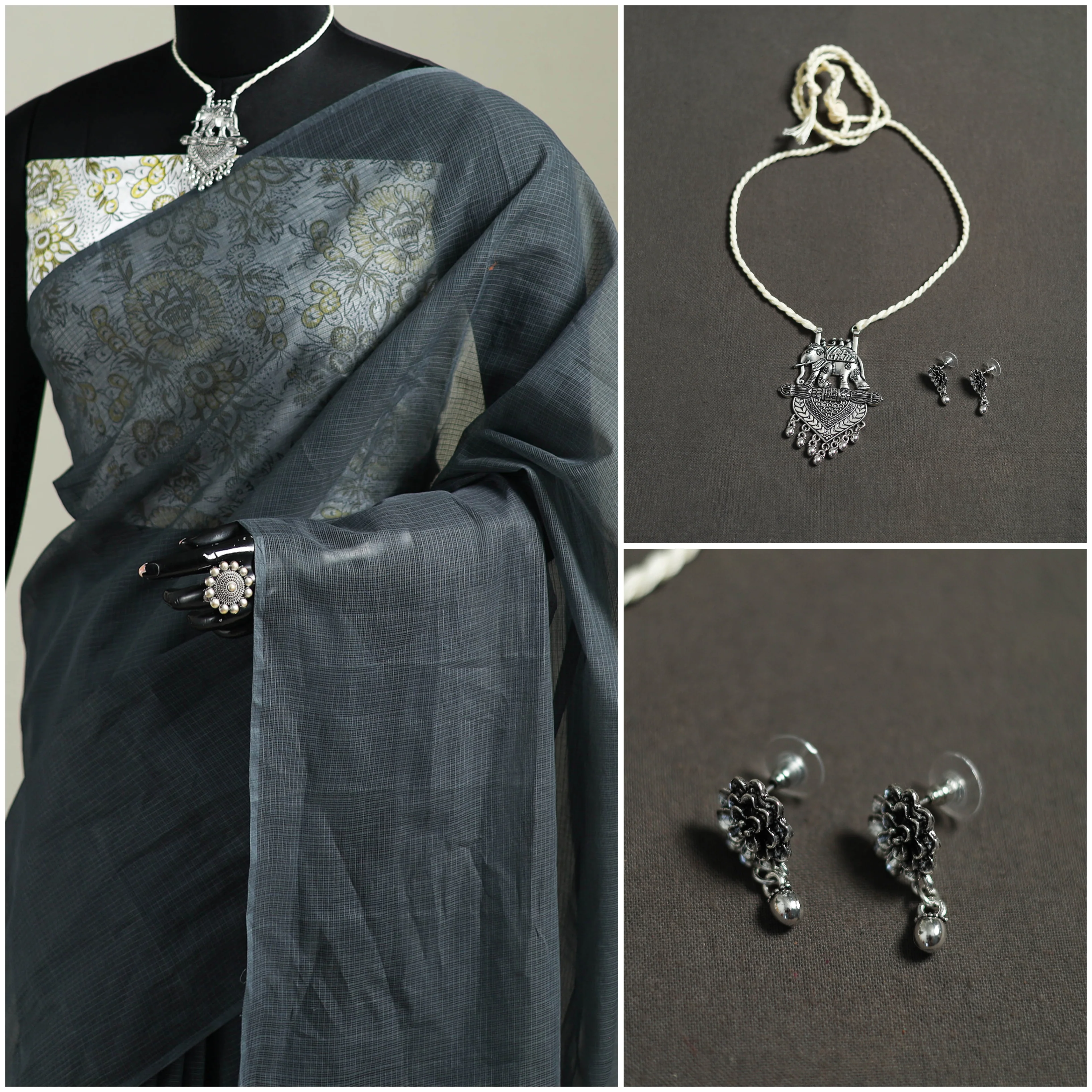 Grey - Nazaakat Kota Doria Cotton Plain Saree with Blouse & Jewellery Set 120 - Image 3