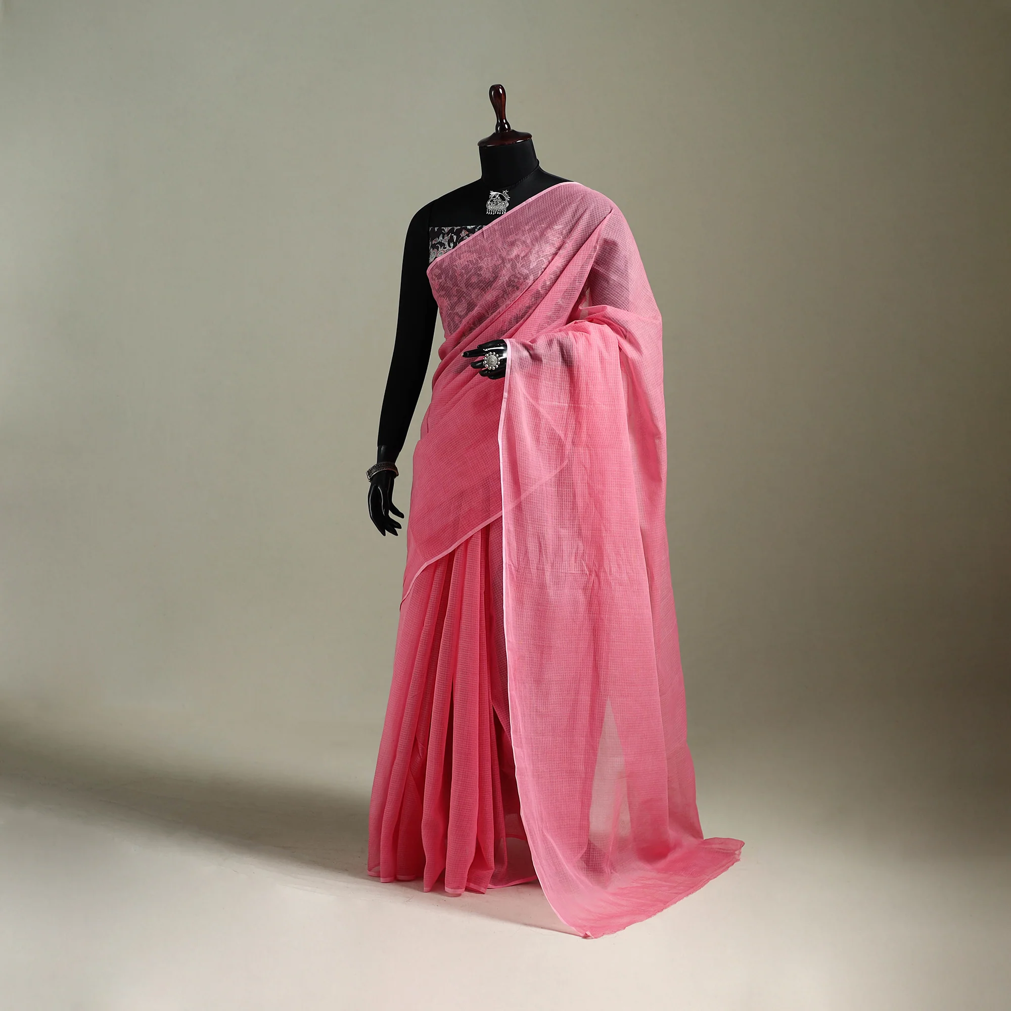 Pink - Nazaakat Kota Doria Cotton Plain Saree with Blouse & Jewellery Set 122
